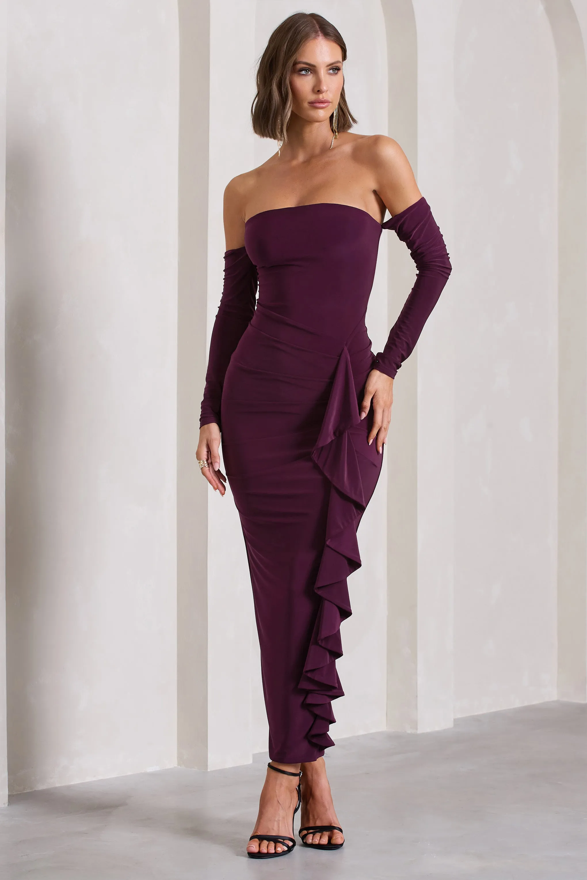 Montana | Plum Bardot Ruffle Maxi Dress