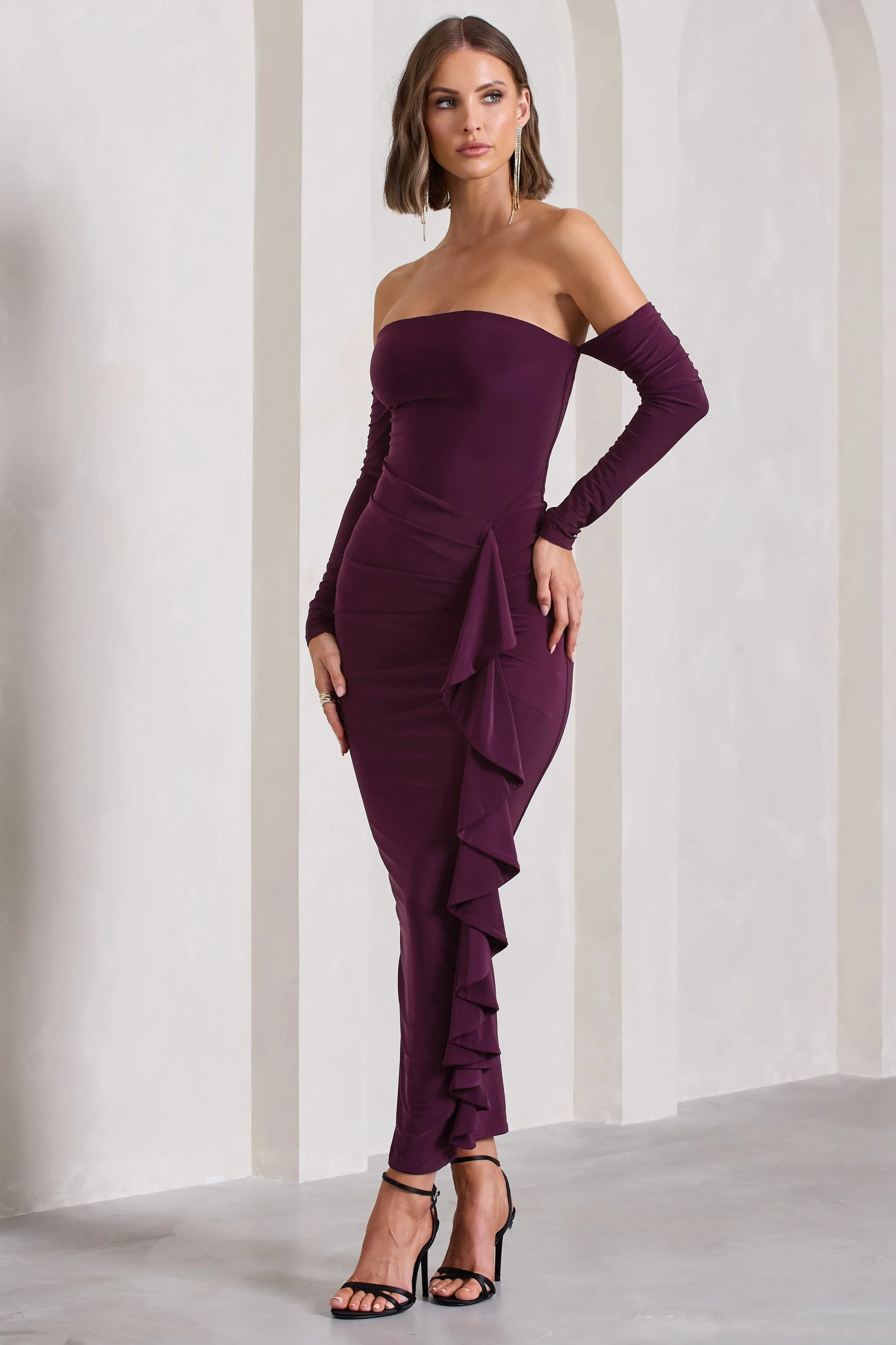 Montana | Plum Bardot Ruffle Maxi Dress