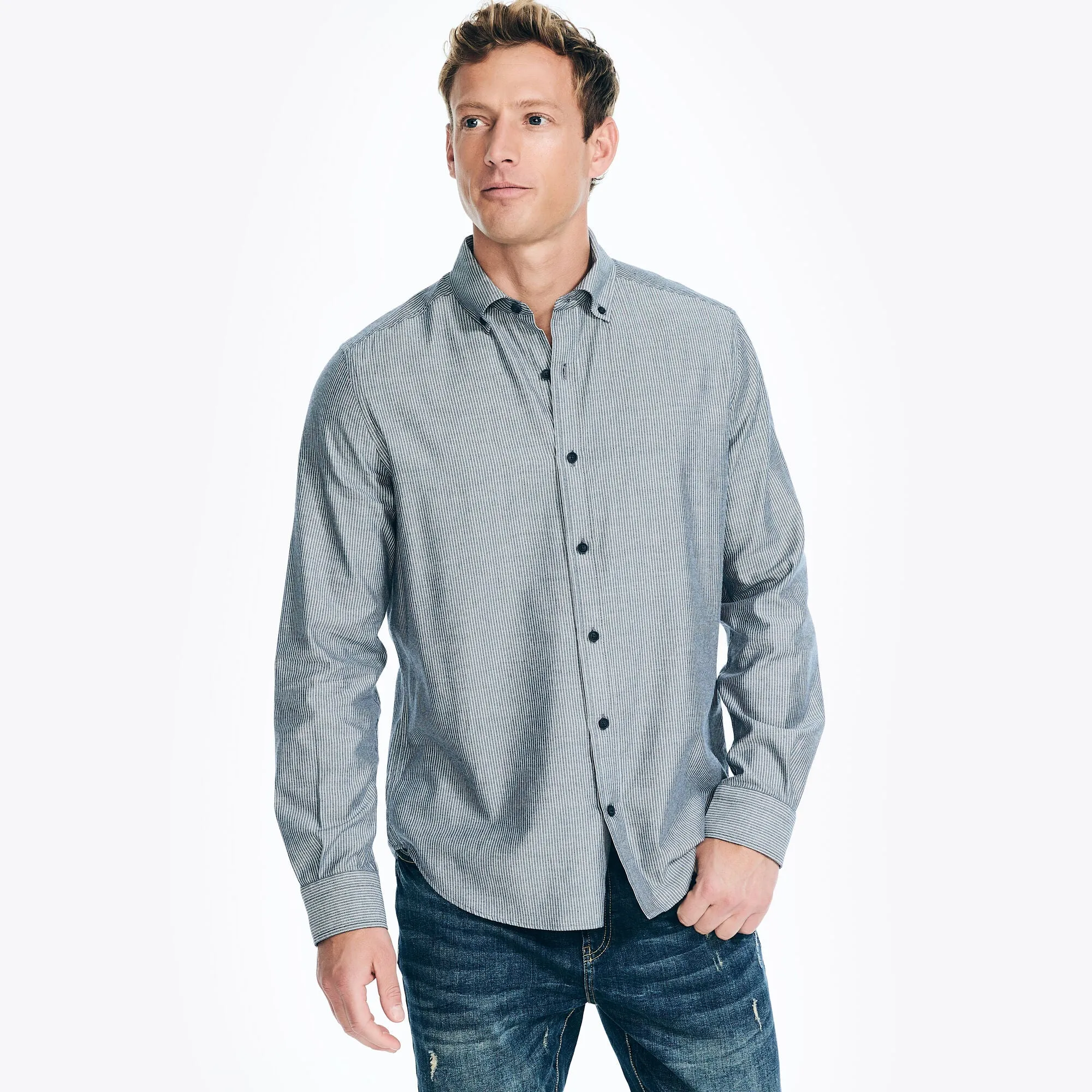 Nautica Men's Sustainably Crafted Striped Shirt Peacoat