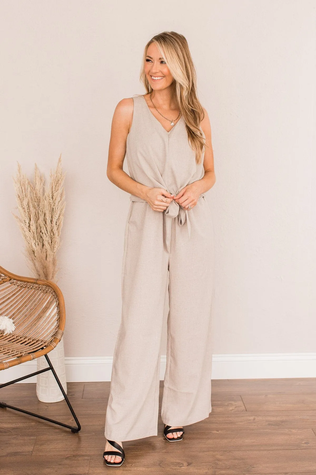 No Time For You Jumpsuit- Light Taupe