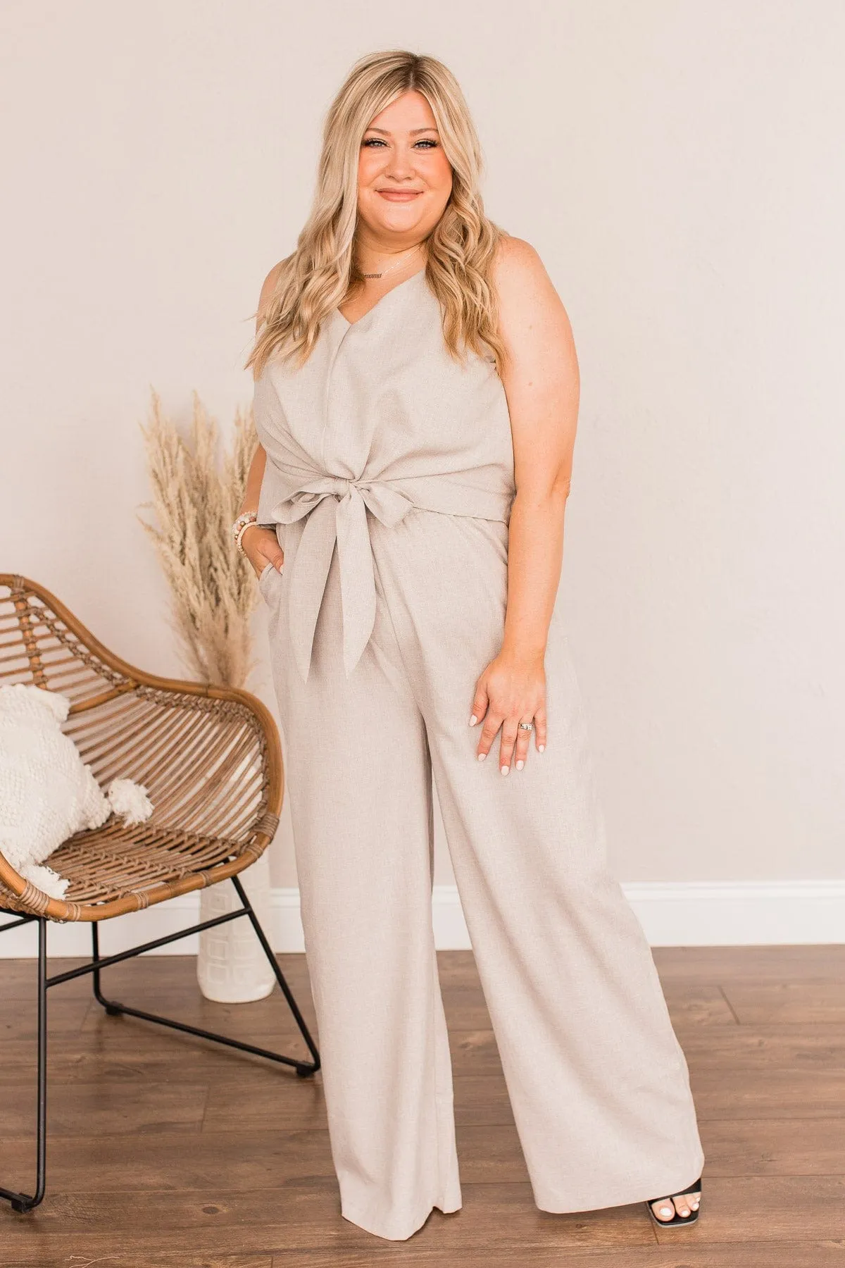 No Time For You Jumpsuit- Light Taupe