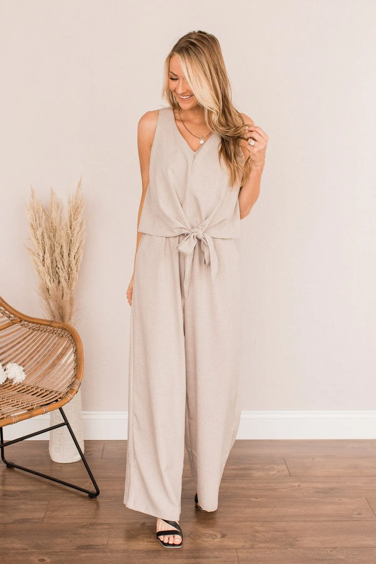 No Time For You Jumpsuit- Light Taupe