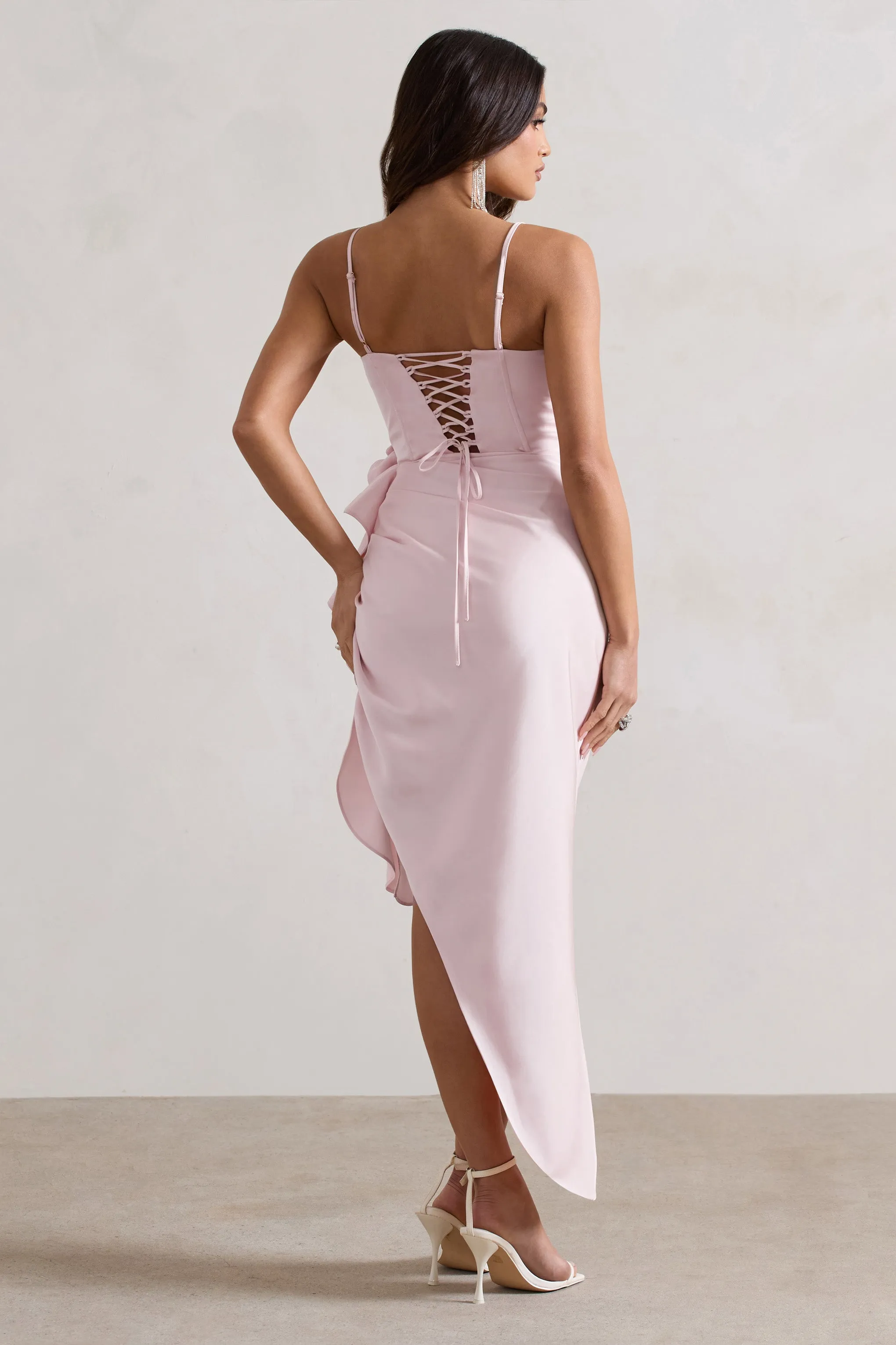 On The List | Pink Asymmetric Corset Midi Dress With Floral Drape