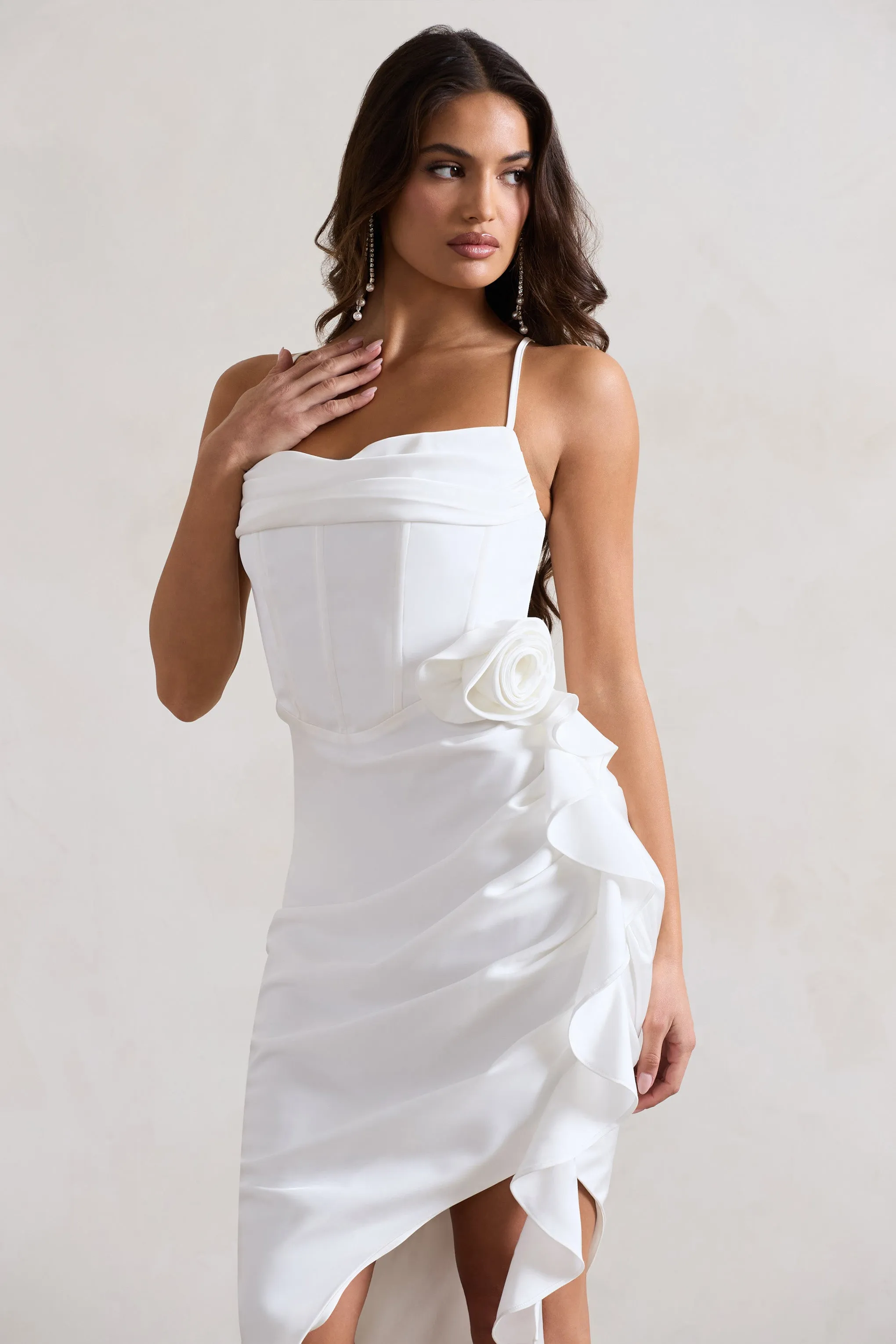 On The List | White Asymmetric Corset Maxi Dress With Floral Drape