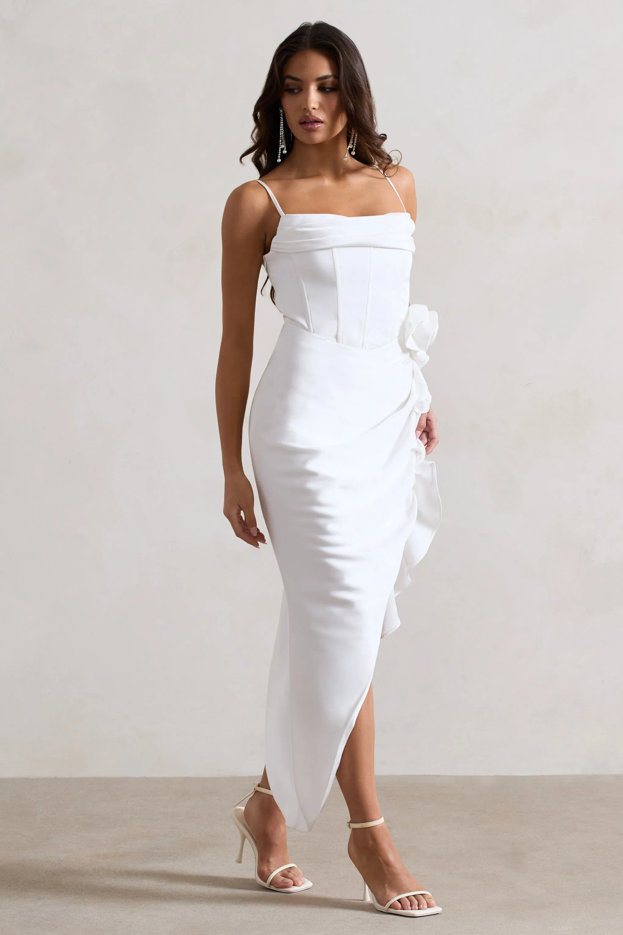 On The List | White Asymmetric Corset Maxi Dress With Floral Drape