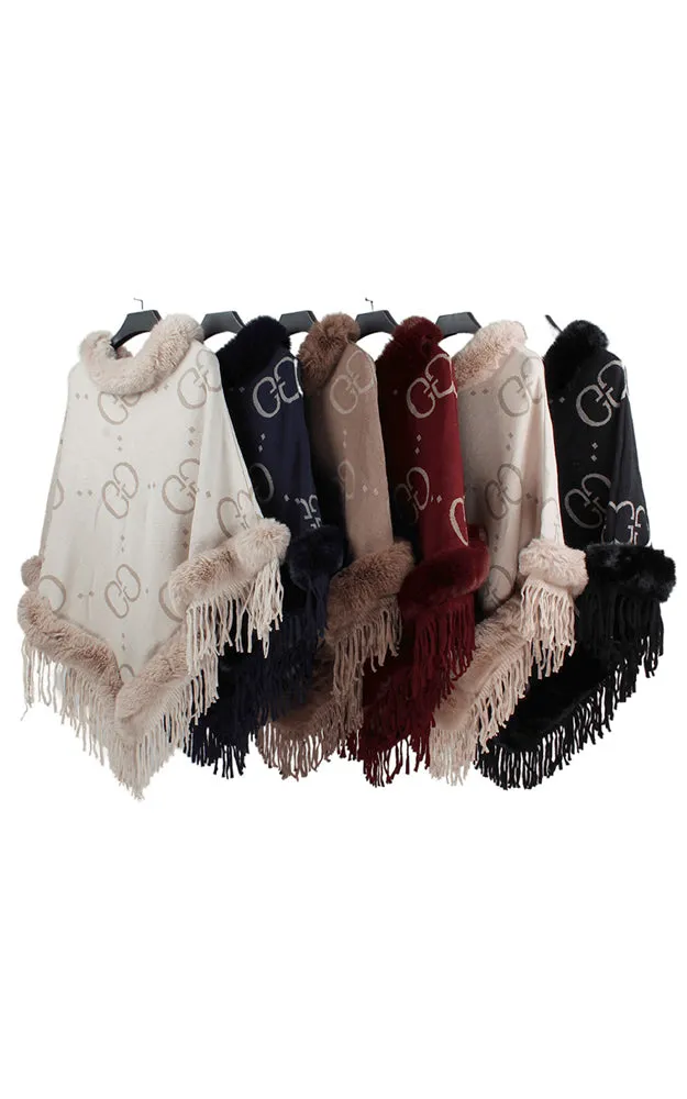 P1812 Multi Pattern Comfy Fur Trim Poncho 6pcs Pack