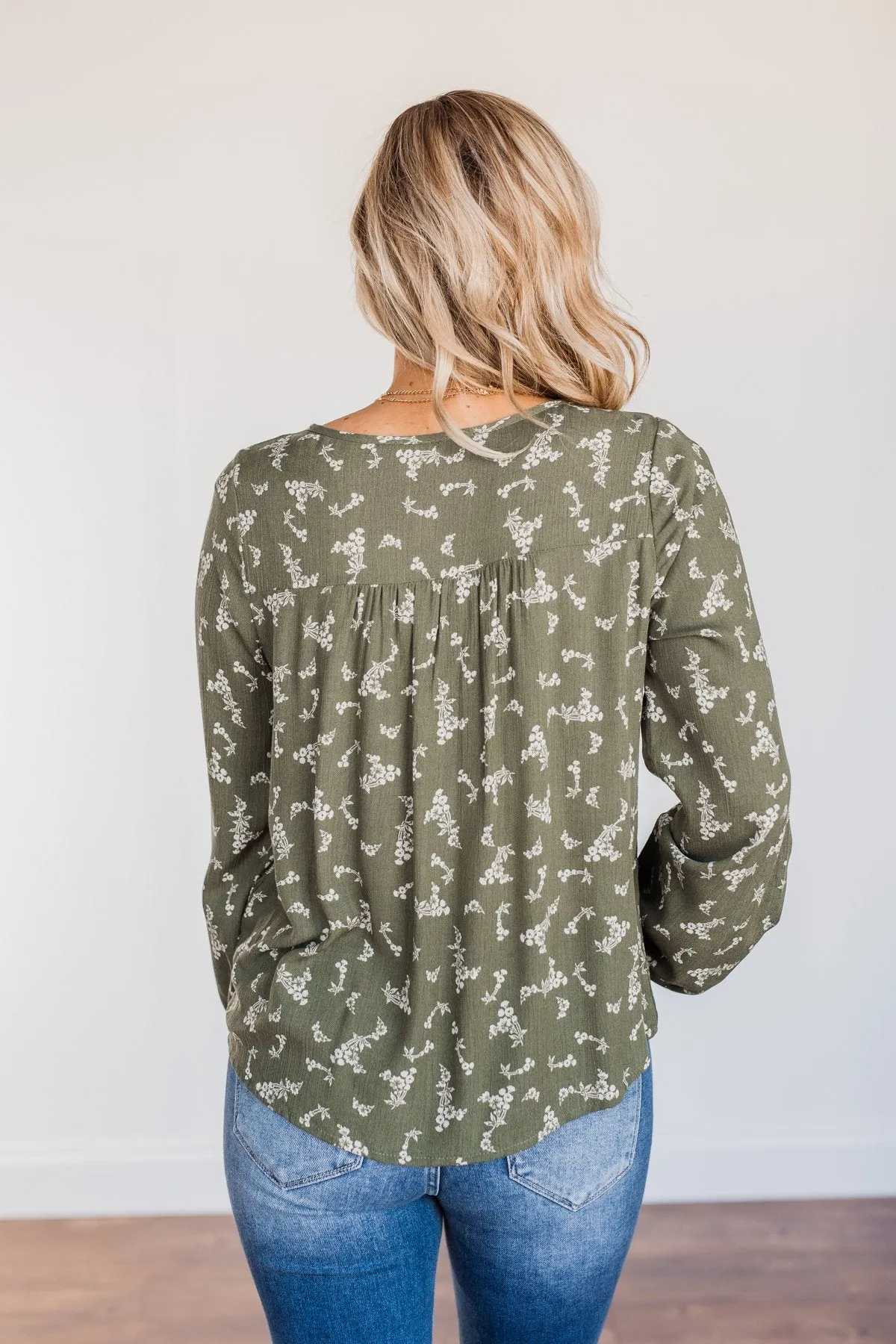 Perfect For You Floral Long Sleeve Blouse- Olive