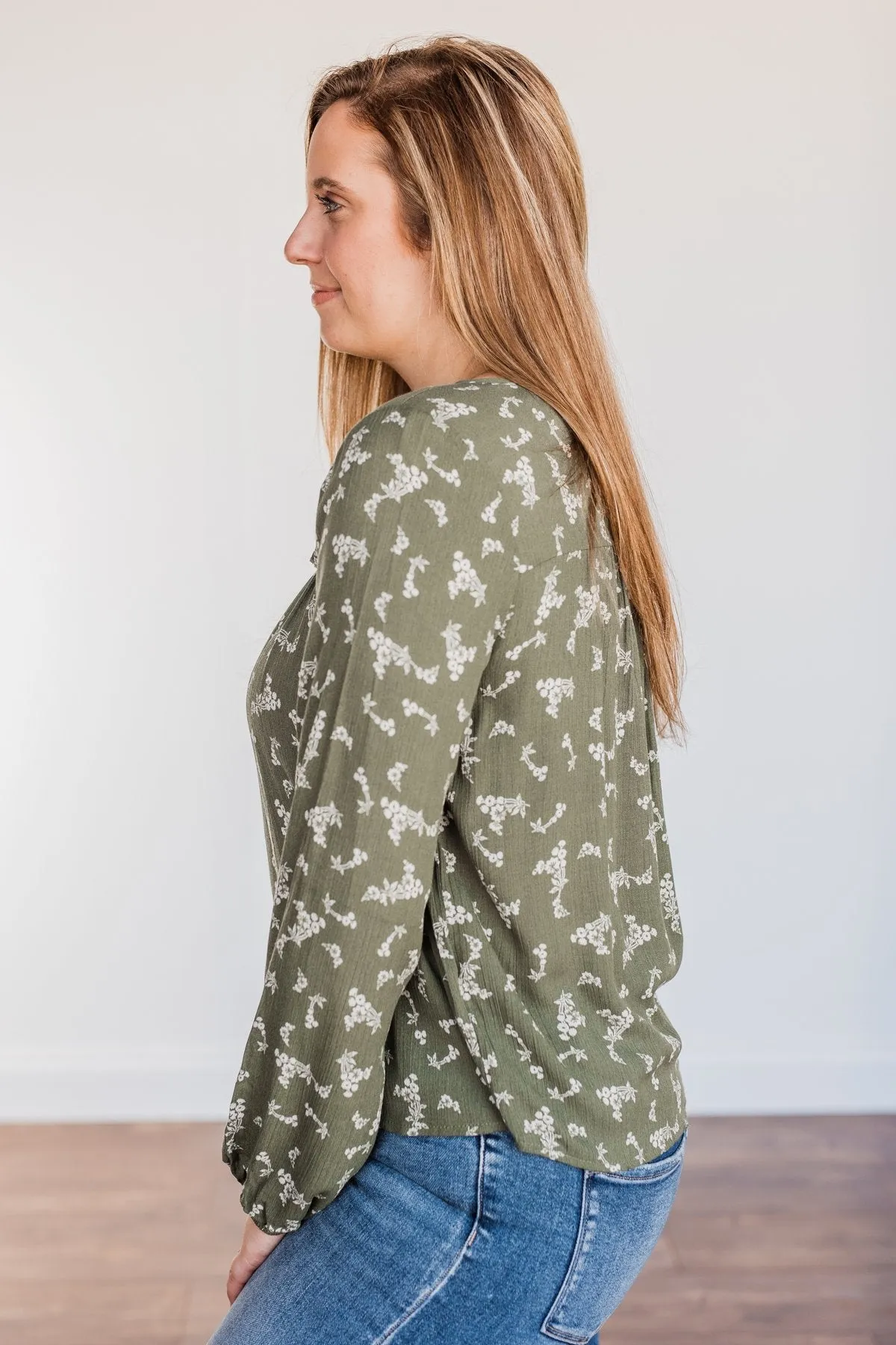 Perfect For You Floral Long Sleeve Blouse- Olive