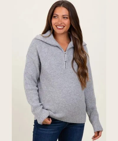 PinkBlush Heather Grey Half Zip Maternity Pullover Sweater