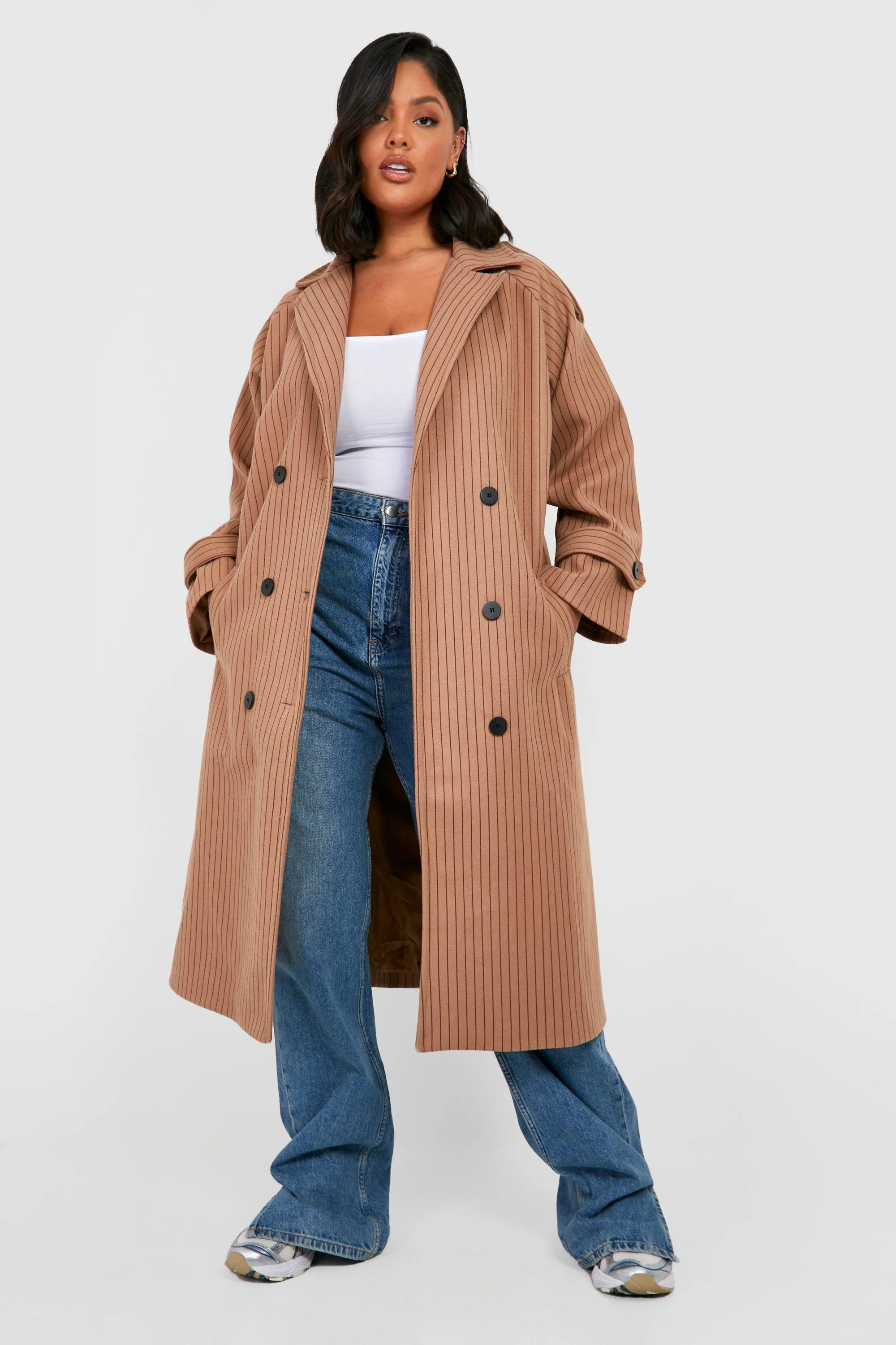 Plus Premium Pinstripe Wool Look Trench Coat