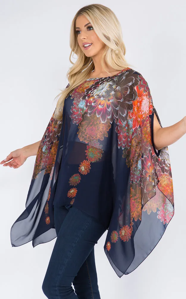 PP3103 Flower Print Chiffon Poncho