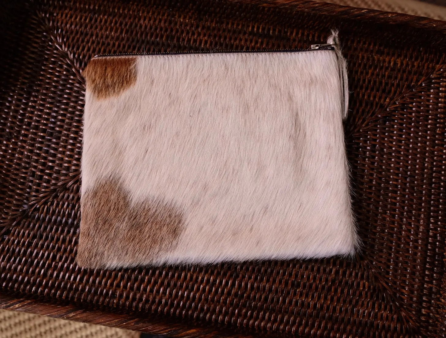 Pre-loved Hide Road Cream and Brown Spot Clutch