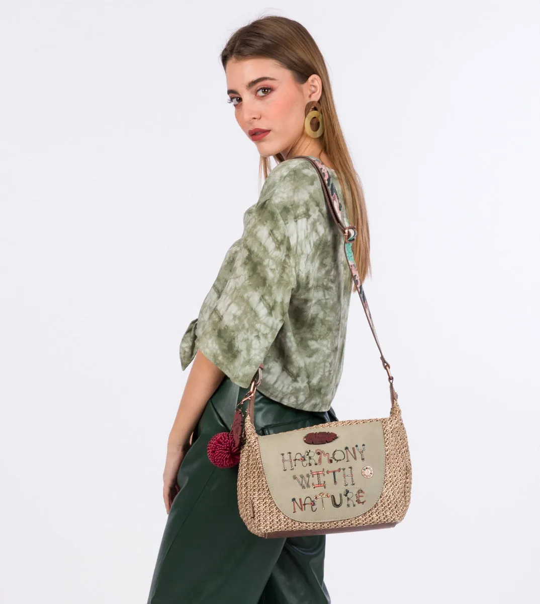 Printed raffia crossbody bag