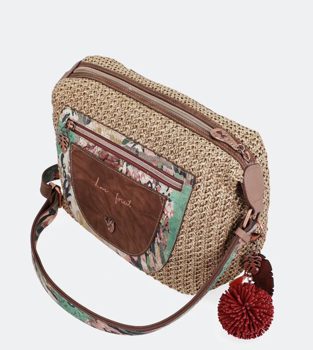 Printed raffia crossbody bag