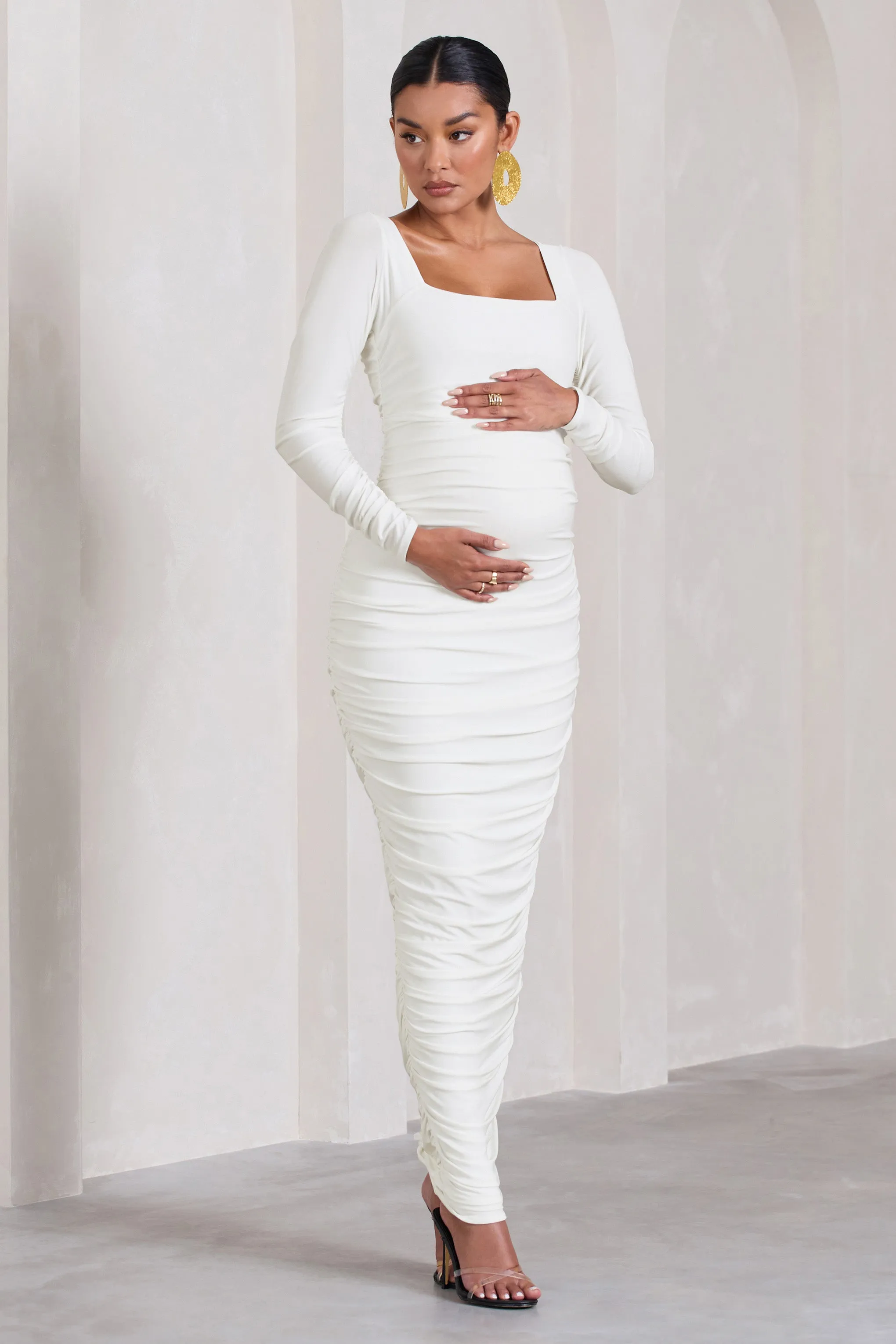 Prissie | White Ruched Square-Neck Long-Sleeve Maternity Maxi Dress