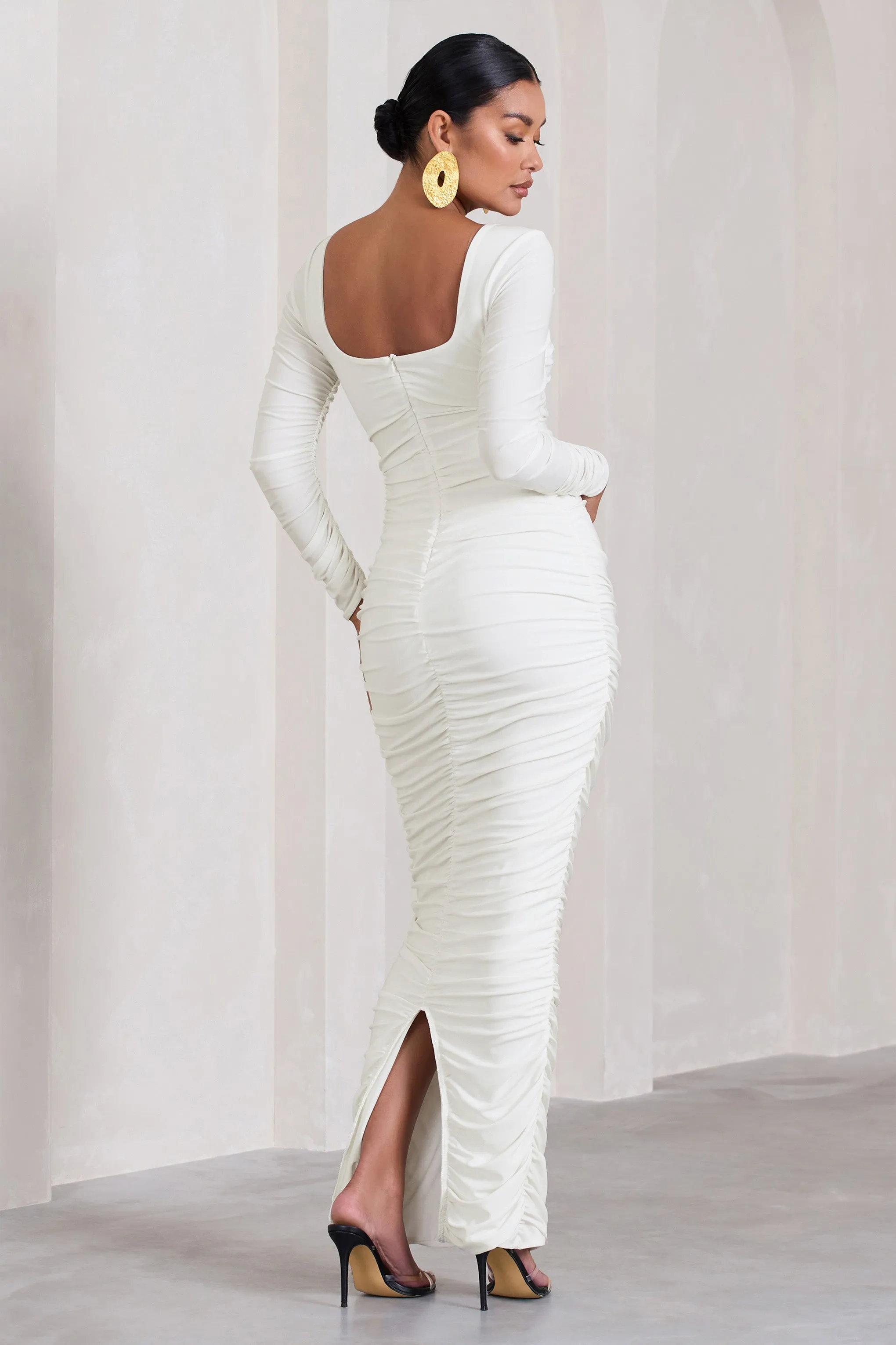 Prissie | White Ruched Square-Neck Long-Sleeve Maternity Maxi Dress