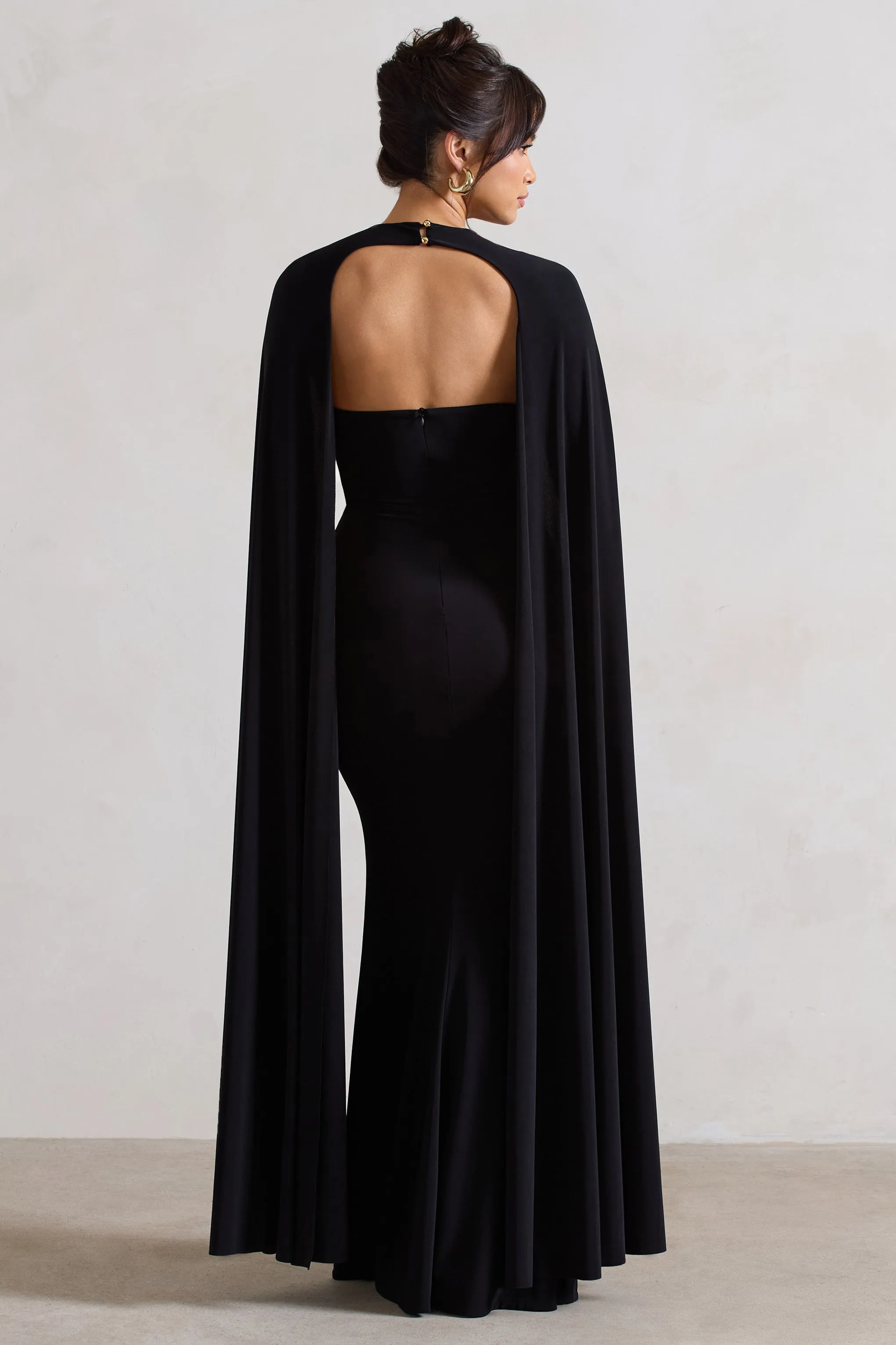 Reign | Black Corset Wrap Maxi Dress With Cape