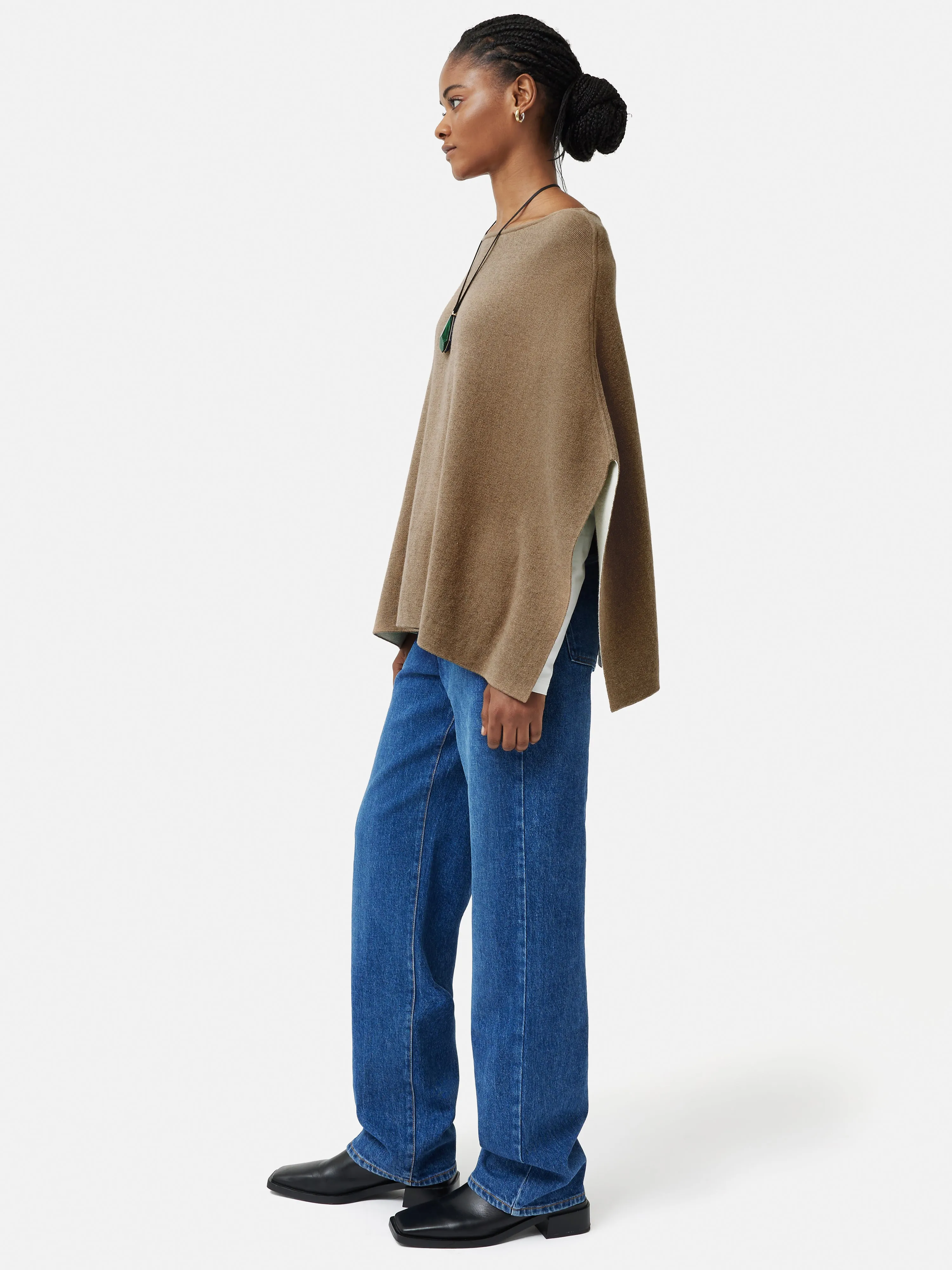 Reversible Cotton Blend Poncho | Camel