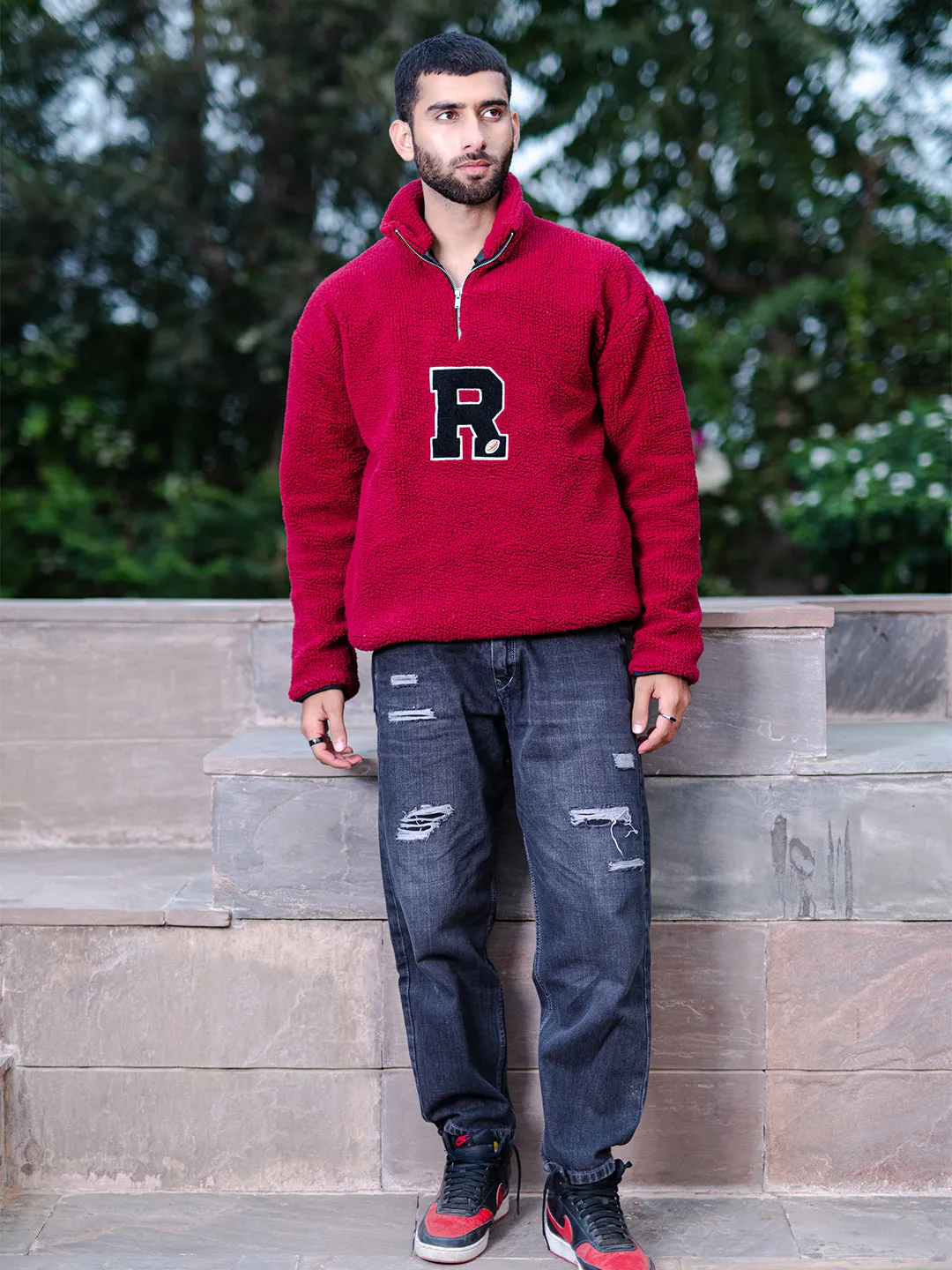 Rose Red R Half Zipper Fleece Sherpa Sweatshirt