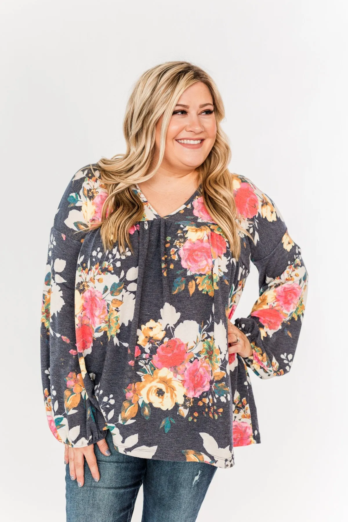 Safe & Sound Floral Baby Doll Top- Navy