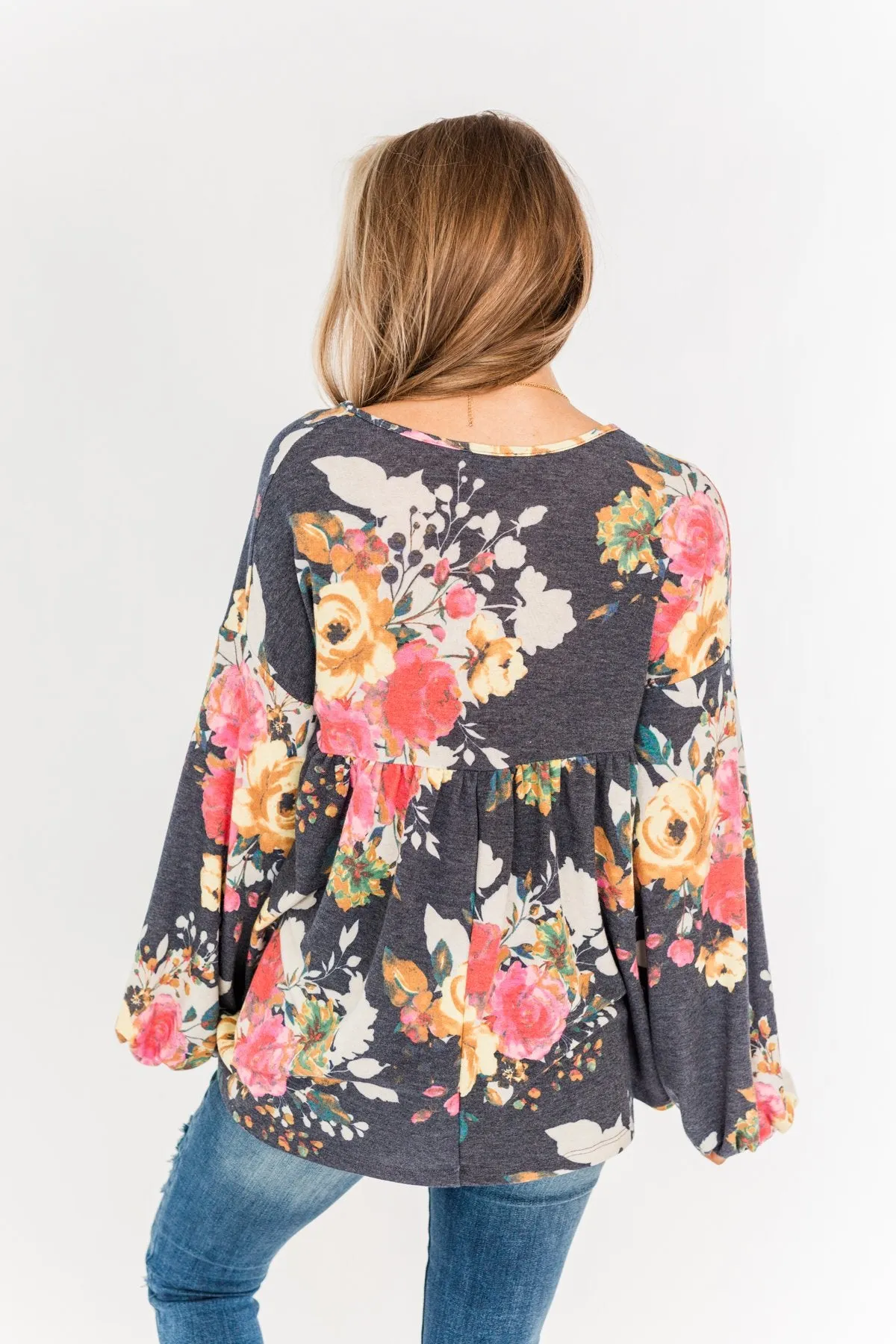 Safe & Sound Floral Baby Doll Top- Navy