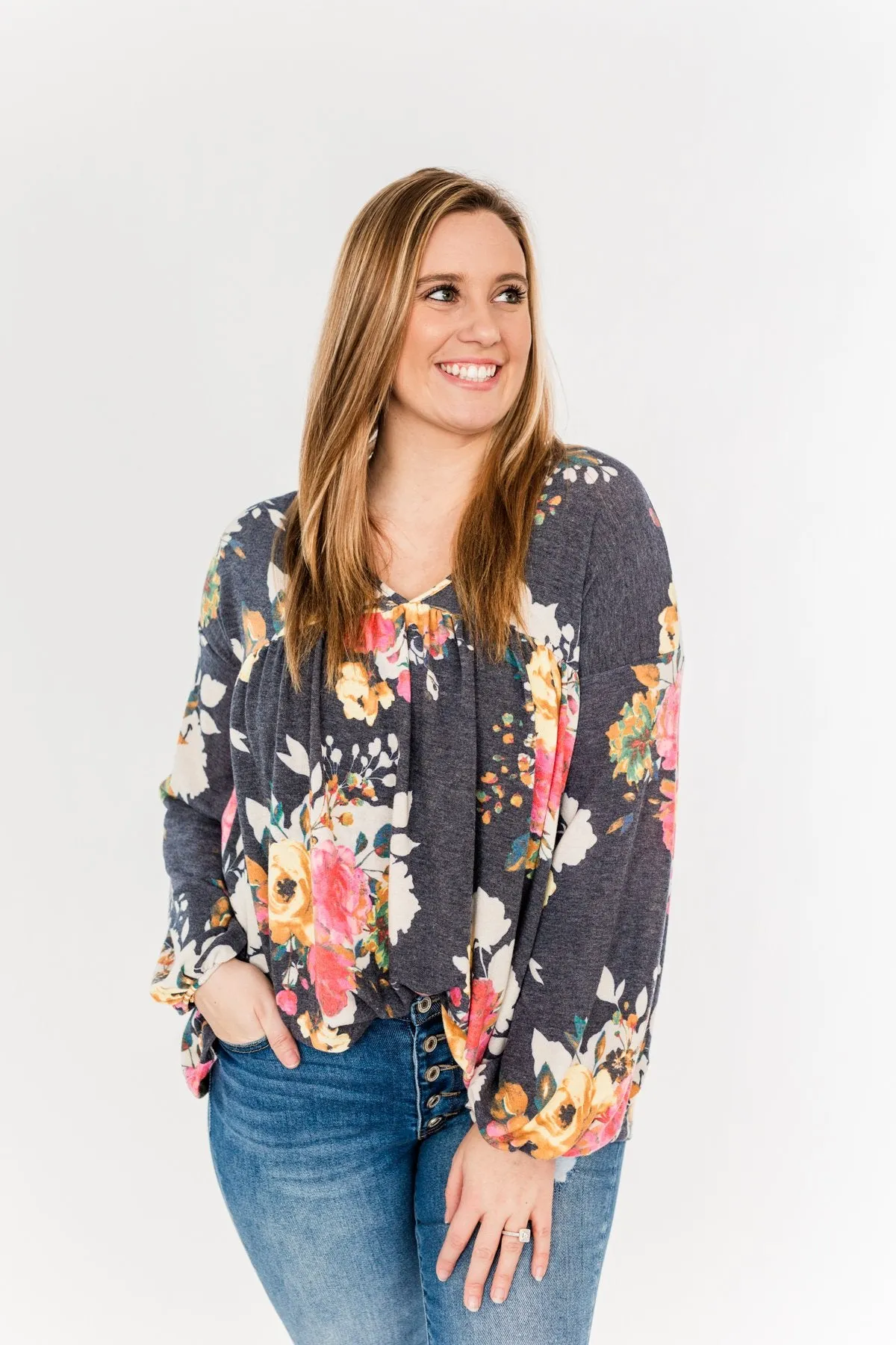 Safe & Sound Floral Baby Doll Top- Navy