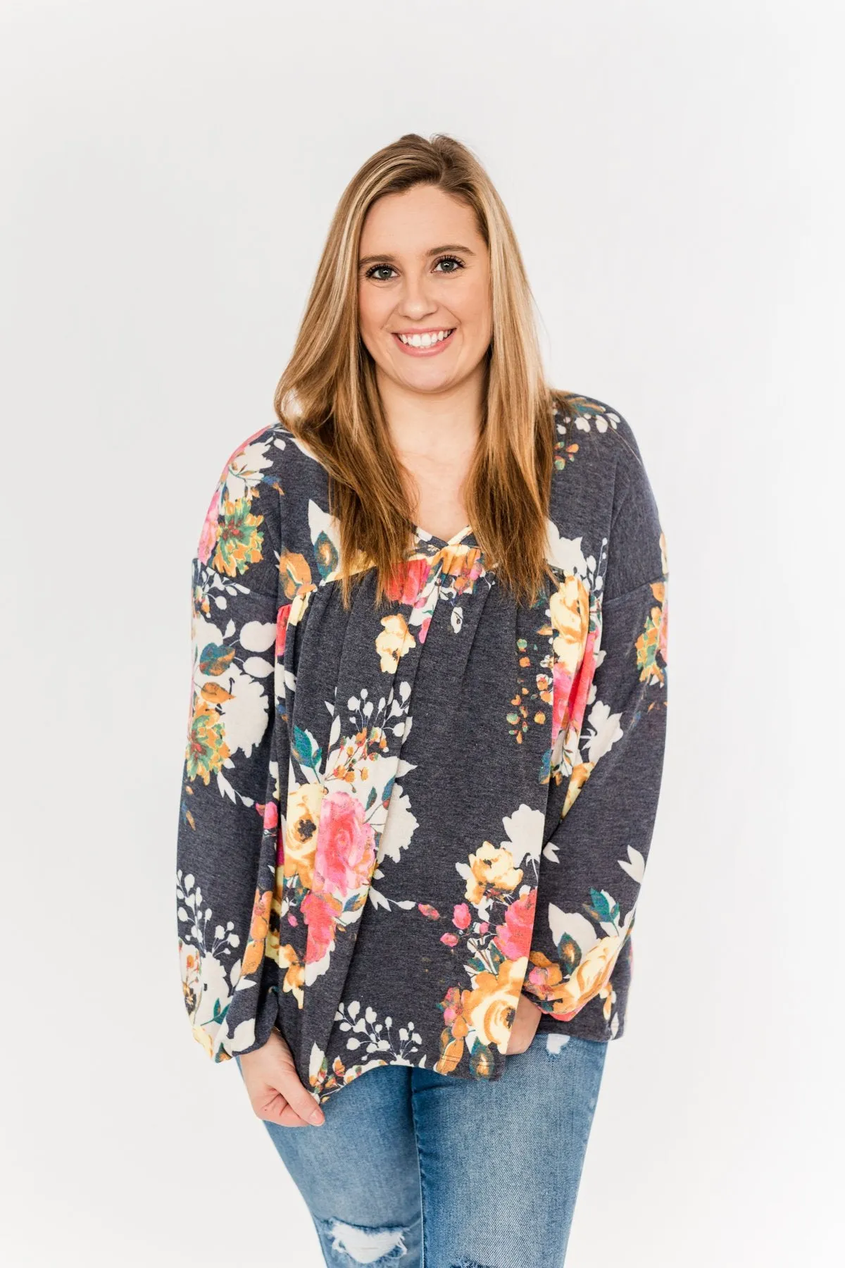 Safe & Sound Floral Baby Doll Top- Navy