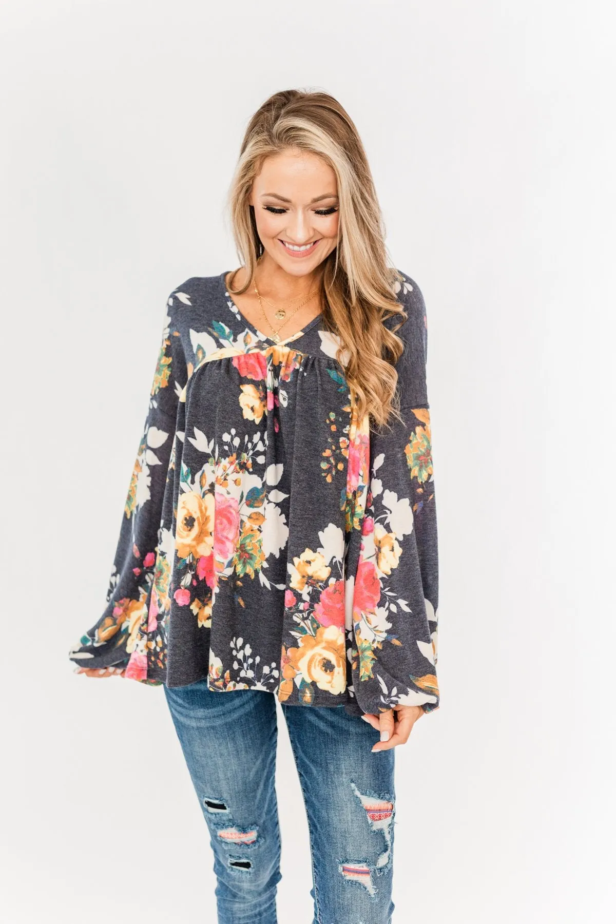 Safe & Sound Floral Baby Doll Top- Navy