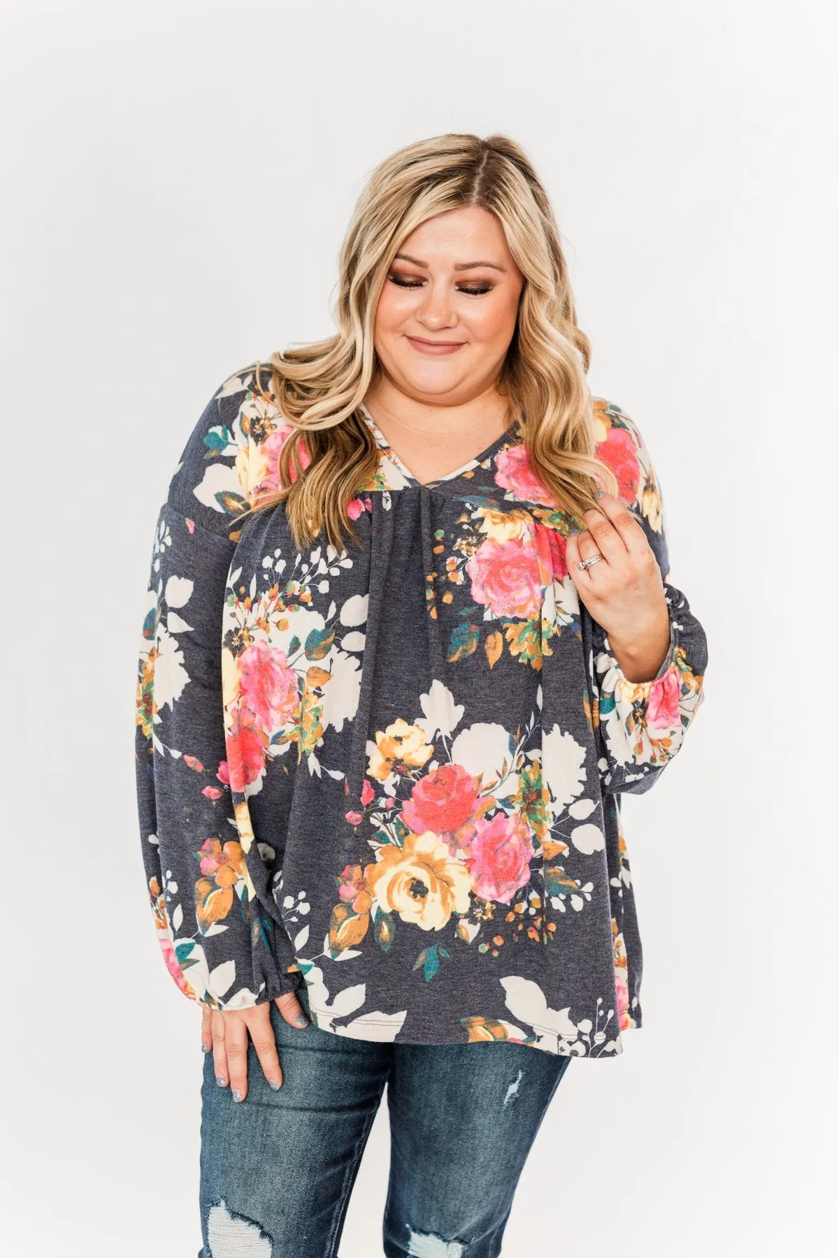 Safe & Sound Floral Baby Doll Top- Navy