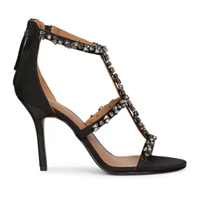 Saint Ella Stone Embellished Black Strappy Leather Stilettos Heels