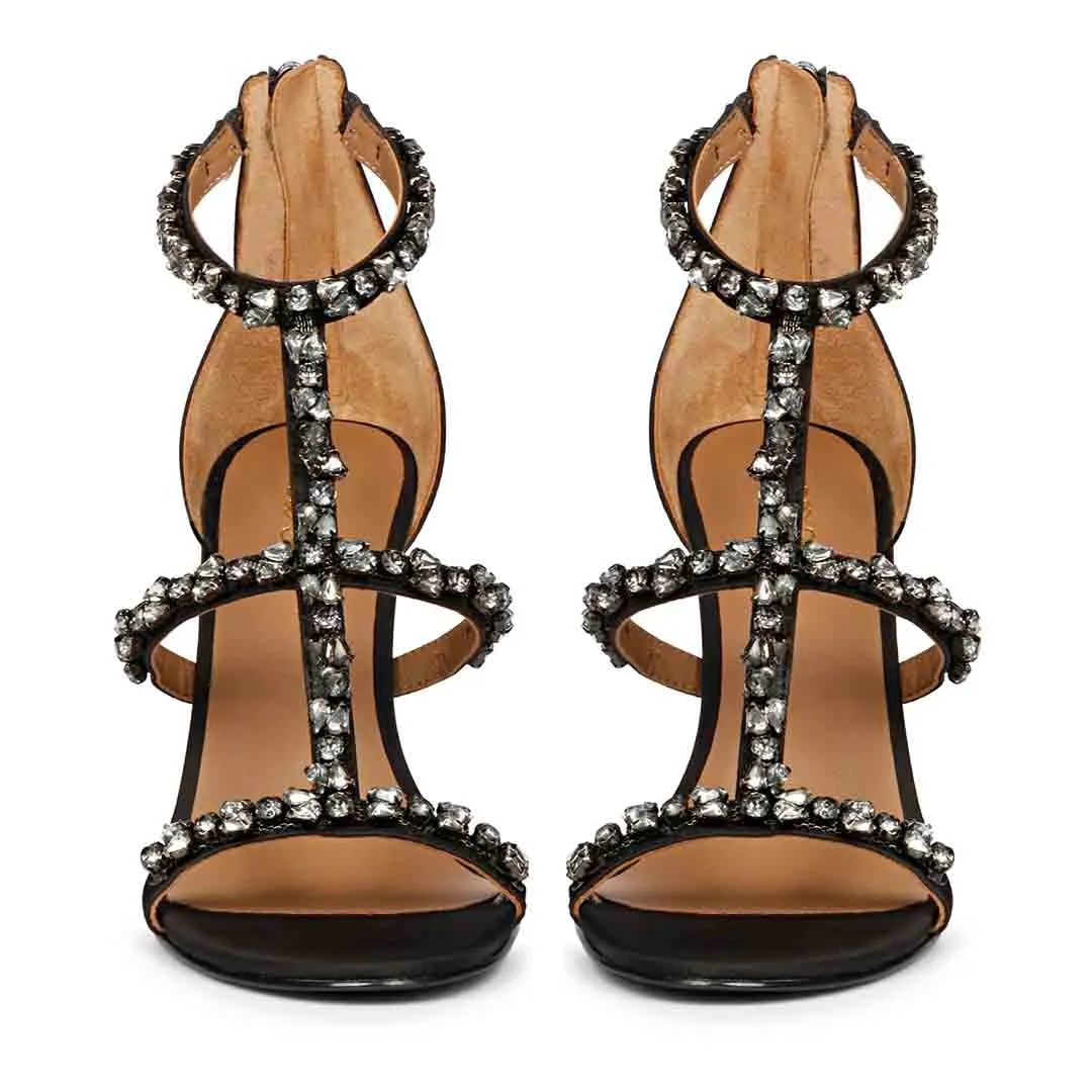 Saint Ella Stone Embellished Black Strappy Leather Stilettos Heels