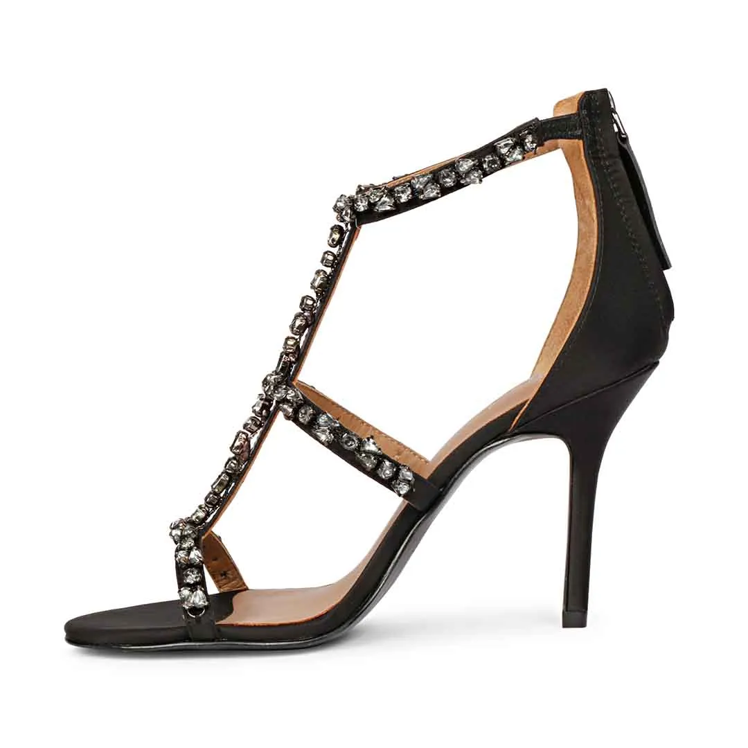 Saint Ella Stone Embellished Black Strappy Leather Stilettos Heels