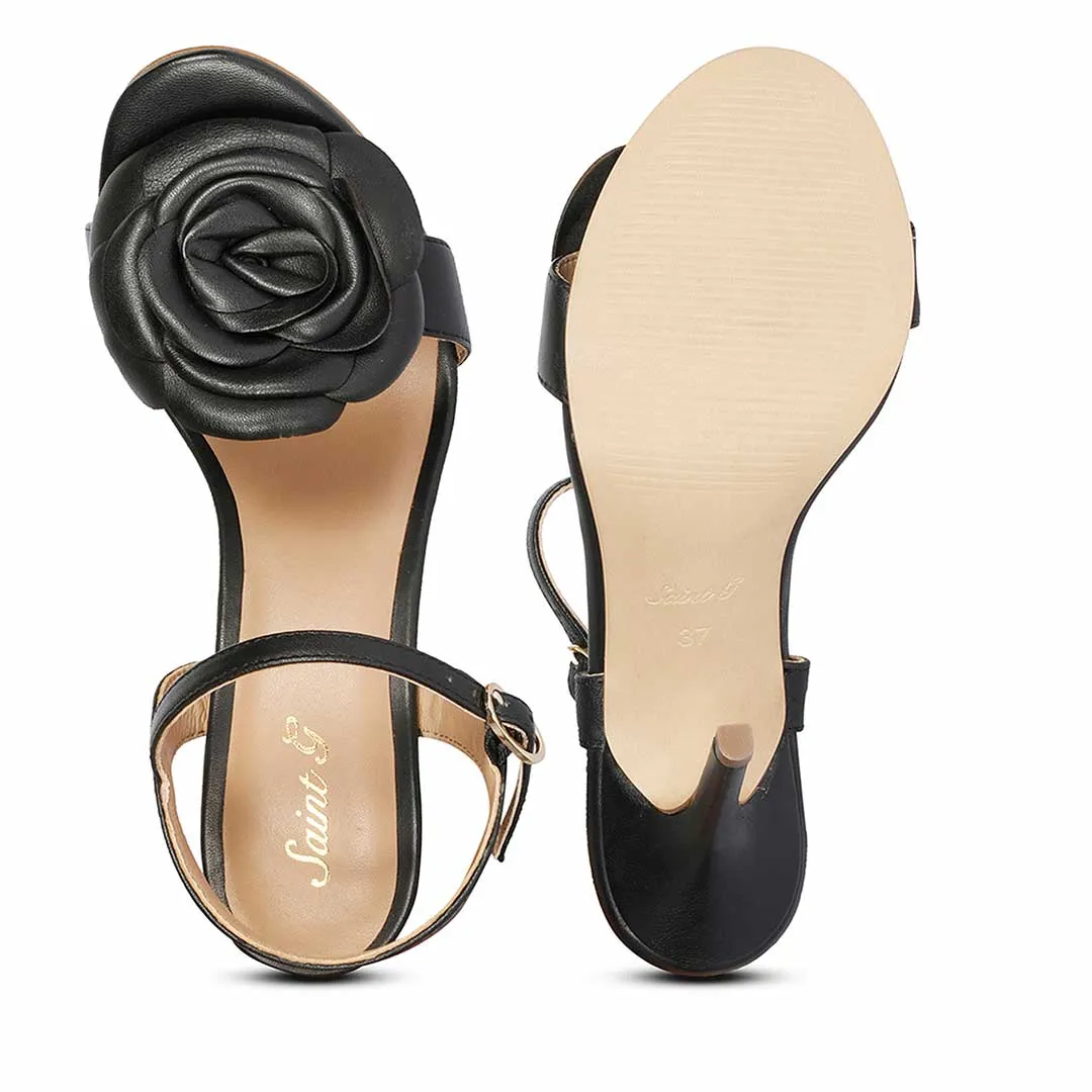 Saint Veronique Flower Embellished Black Leather Stilettos