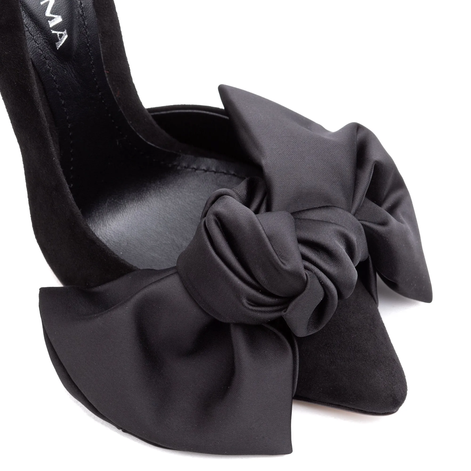 Samantha black suede and oversized black satin bow open sided stiletto