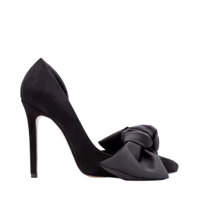 Samantha black suede and oversized black satin bow open sided stiletto