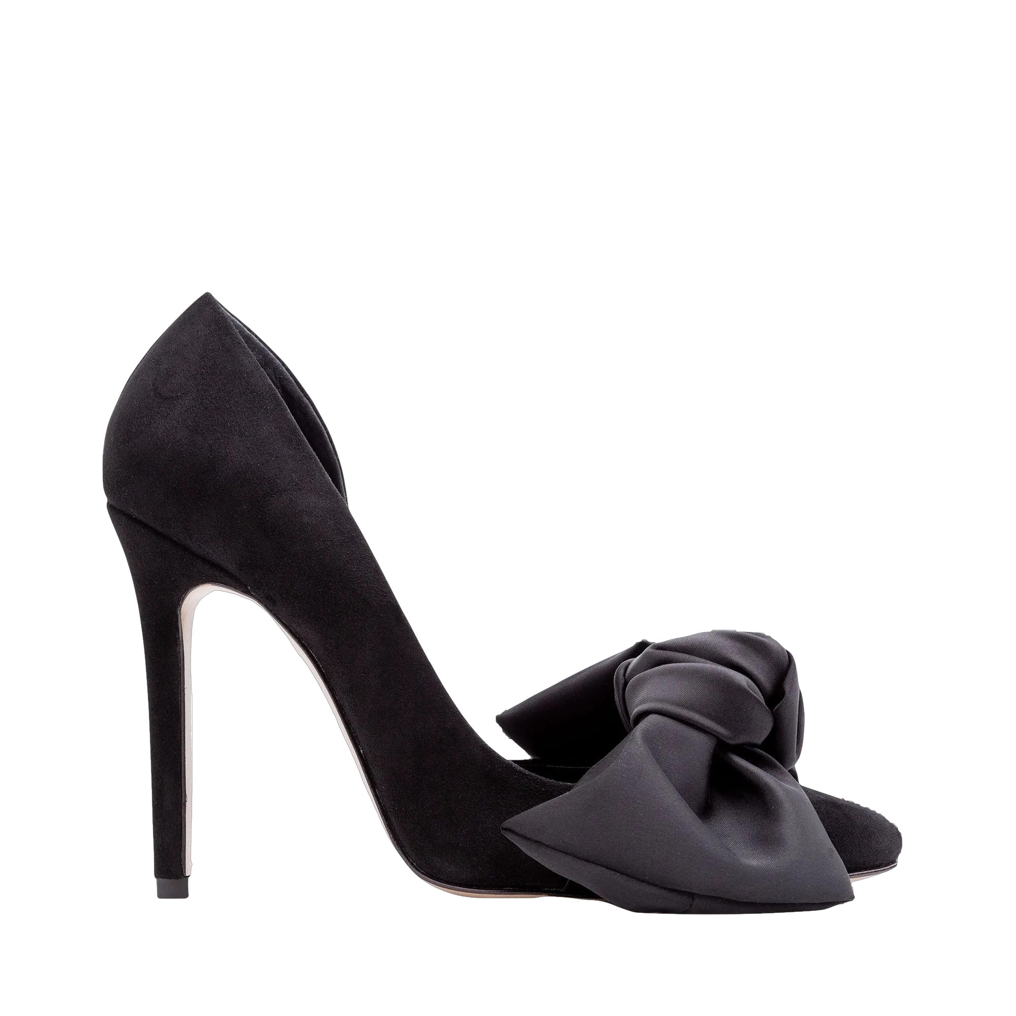 Samantha black suede and oversized black satin bow open sided stiletto