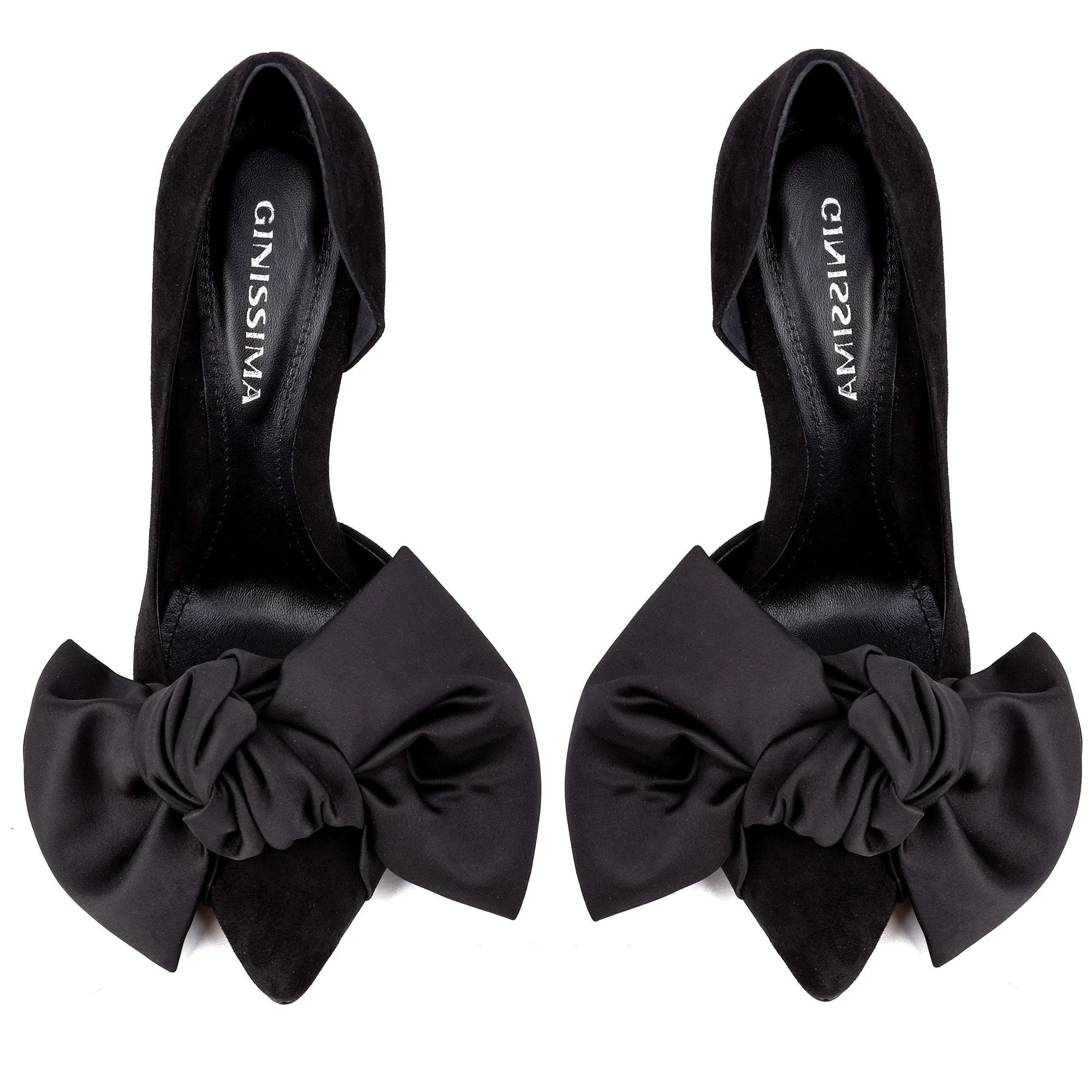 Samantha black suede and oversized black satin bow open sided stiletto