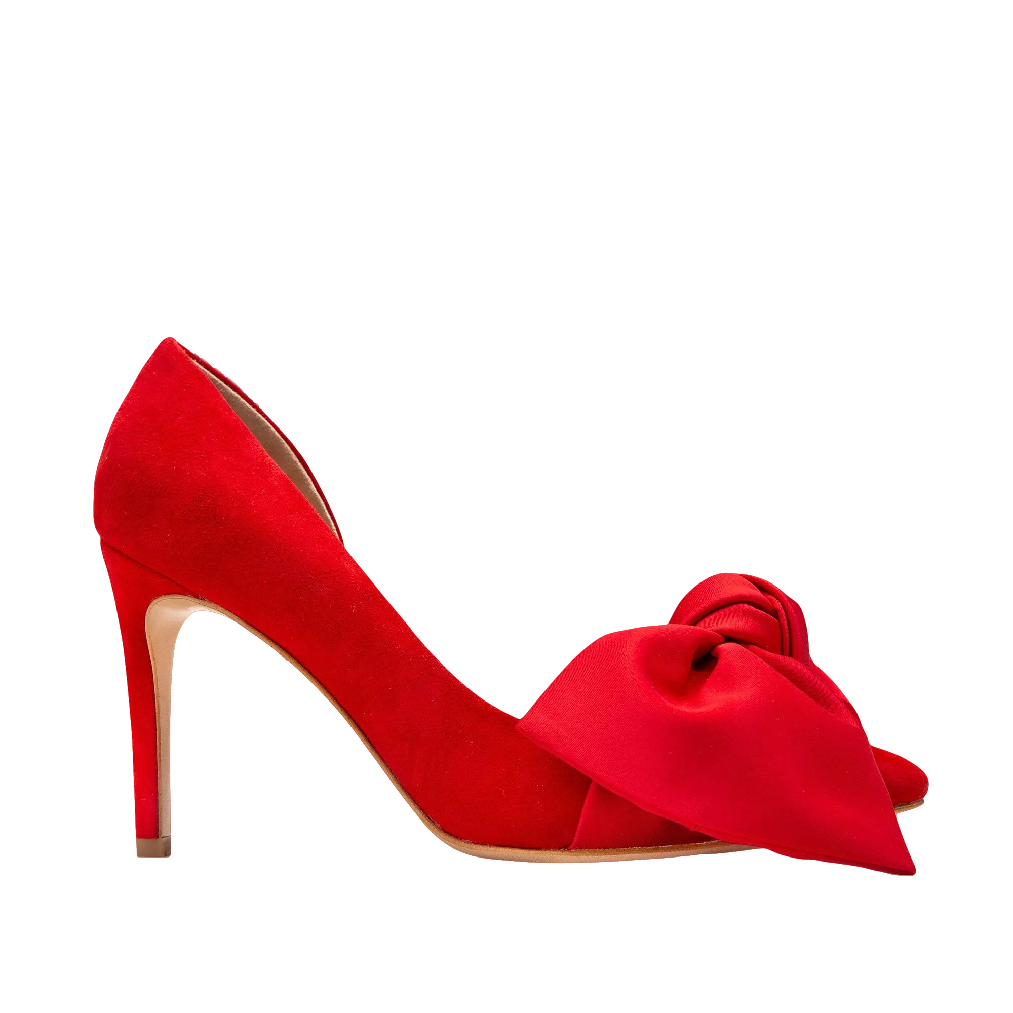 Samantha red suede and oversized red satin bow open sided stiletto