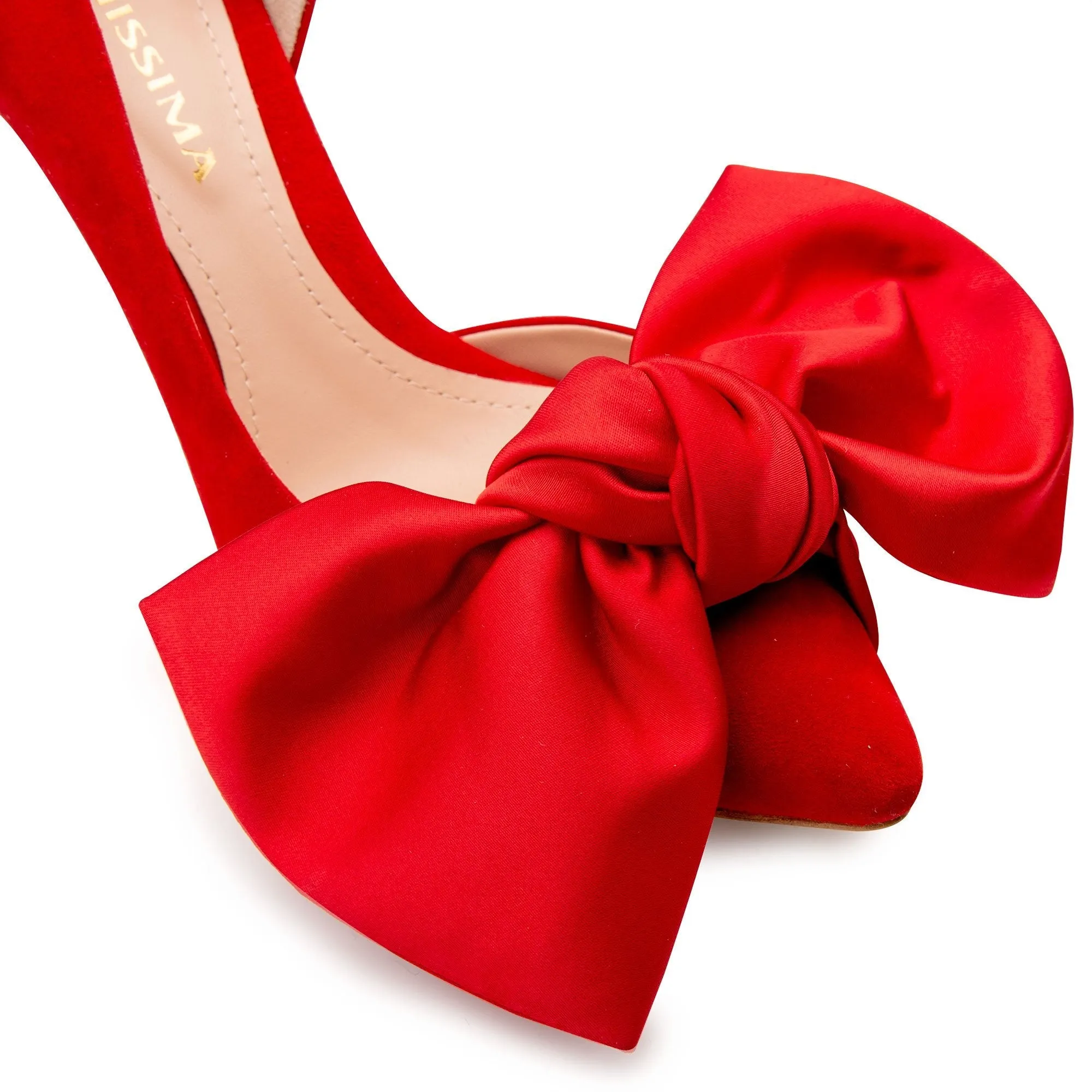 Samantha red suede and oversized red satin bow open sided stiletto