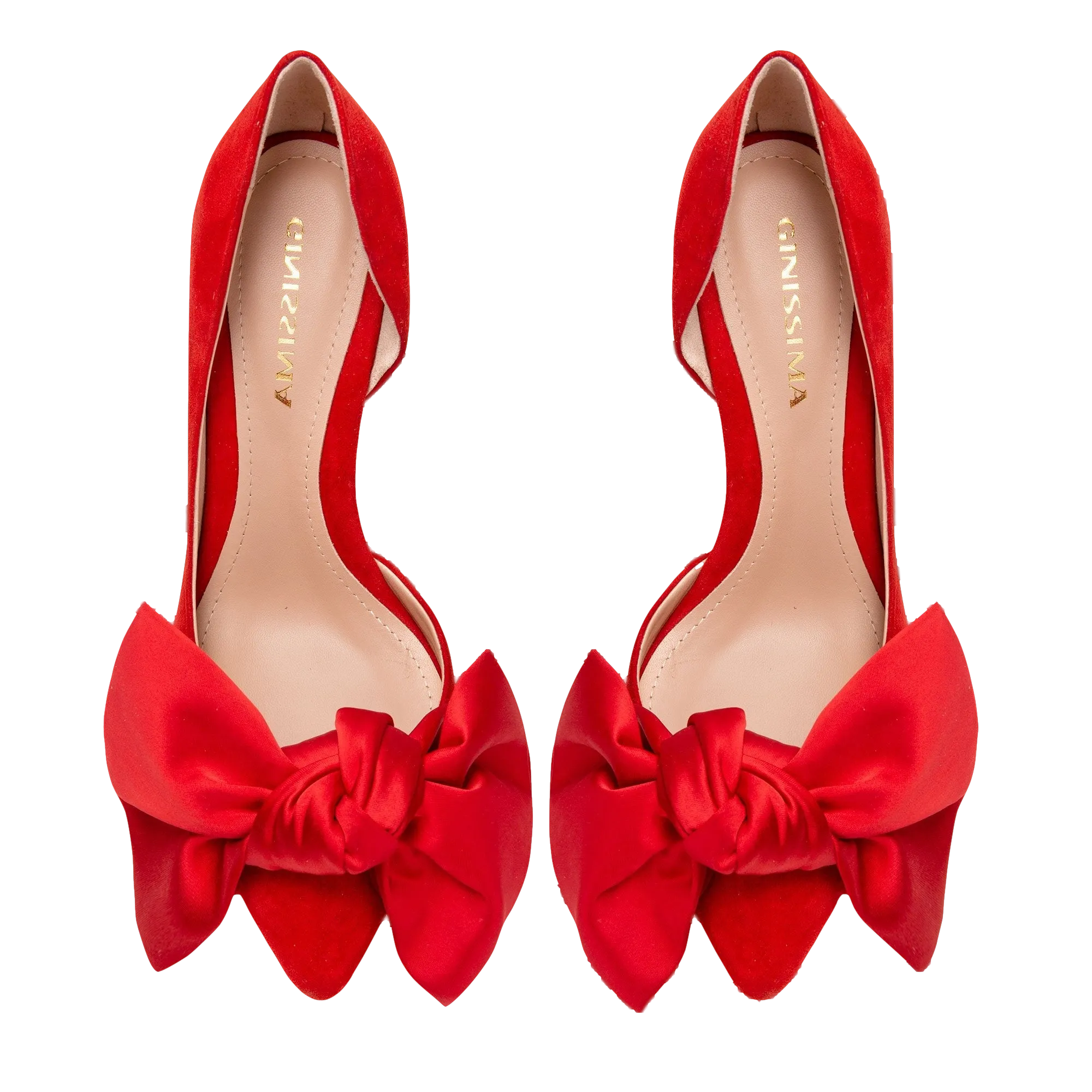 Samantha red suede and oversized red satin bow open sided stiletto