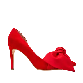 Samantha red suede and oversized red satin bow open sided stiletto