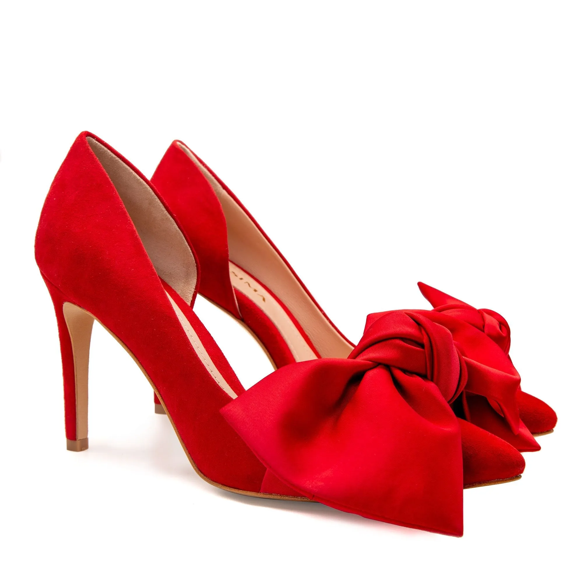 Samantha red suede and oversized red satin bow open sided stiletto