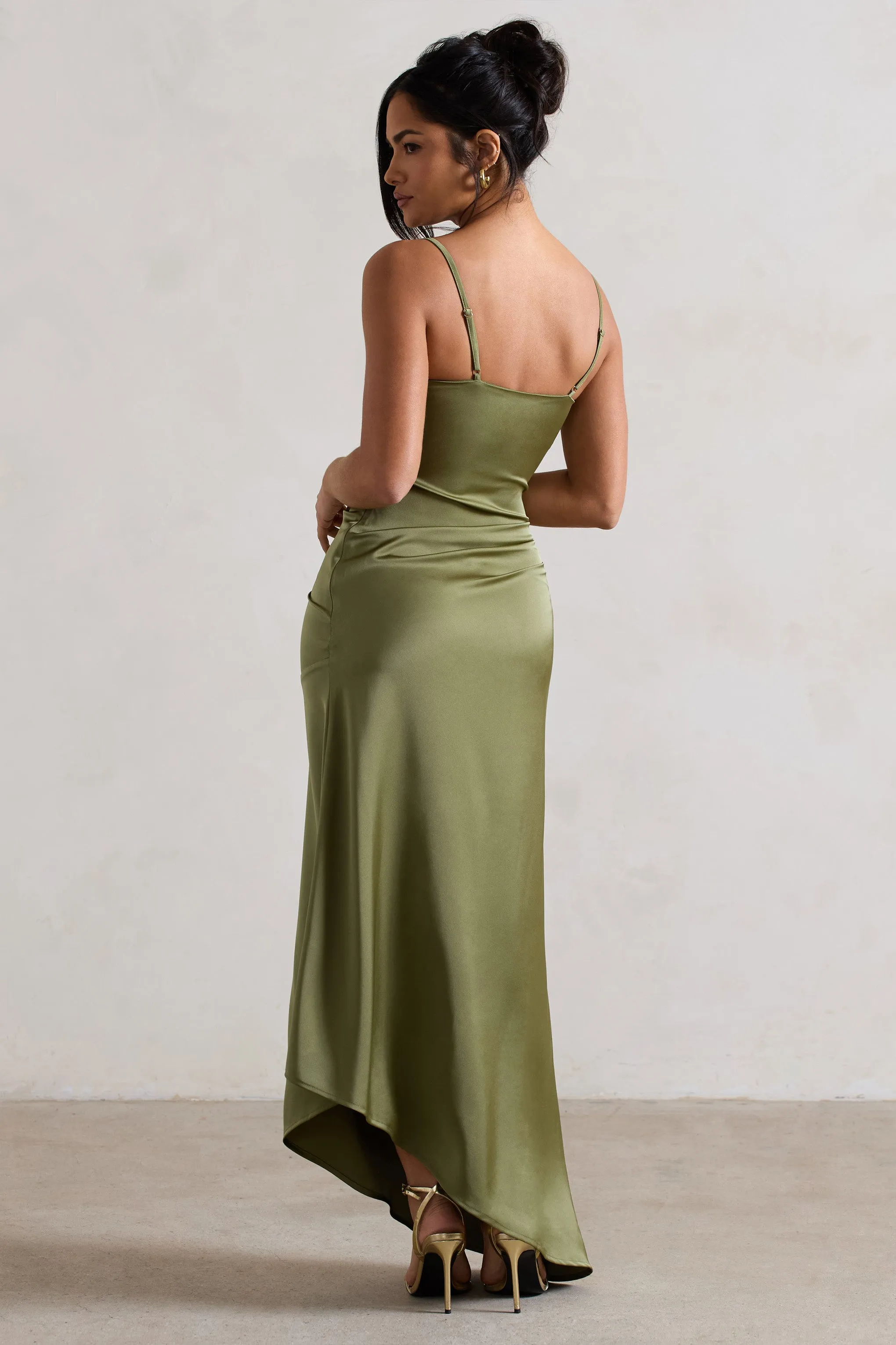 Santi | Olive Green Satin Cowl-Neck Asymmetric Maxi Dress