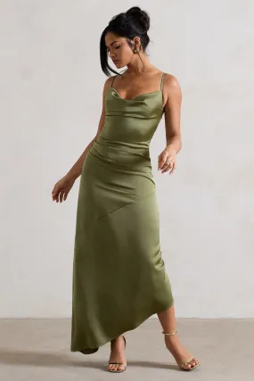 Santi | Olive Green Satin Cowl-Neck Asymmetric Maxi Dress