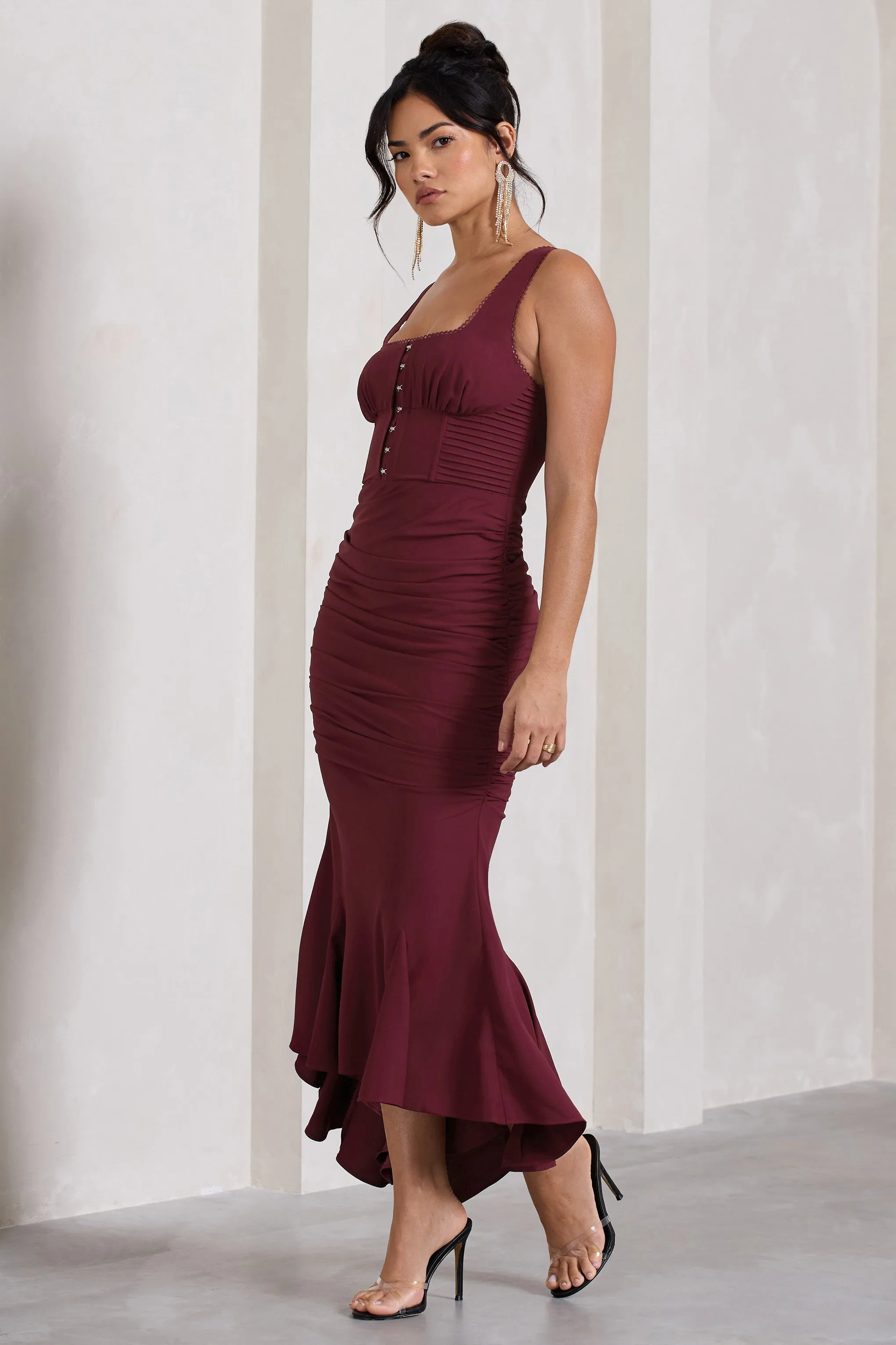 Savannah | Burgundy Square-Neck Corset Fishtail Maxi Dress