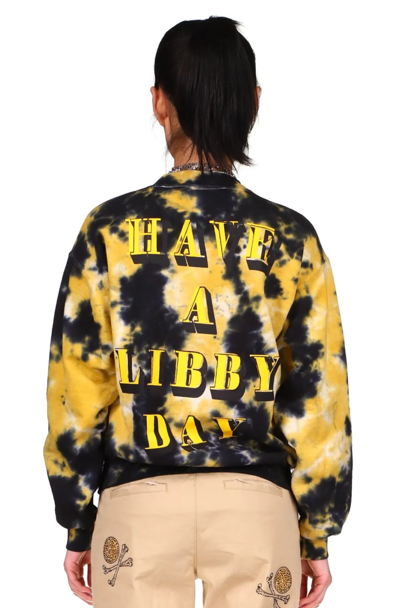 SILK SCREENED 'HAVE A LIBBY DAY' BLACK TIE DYE PULLOVER SWEATSHIRT