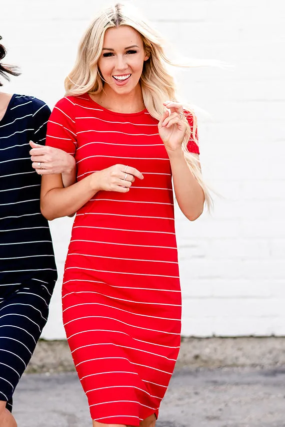 Striped Tee Dress: Red with Thin White Stripe