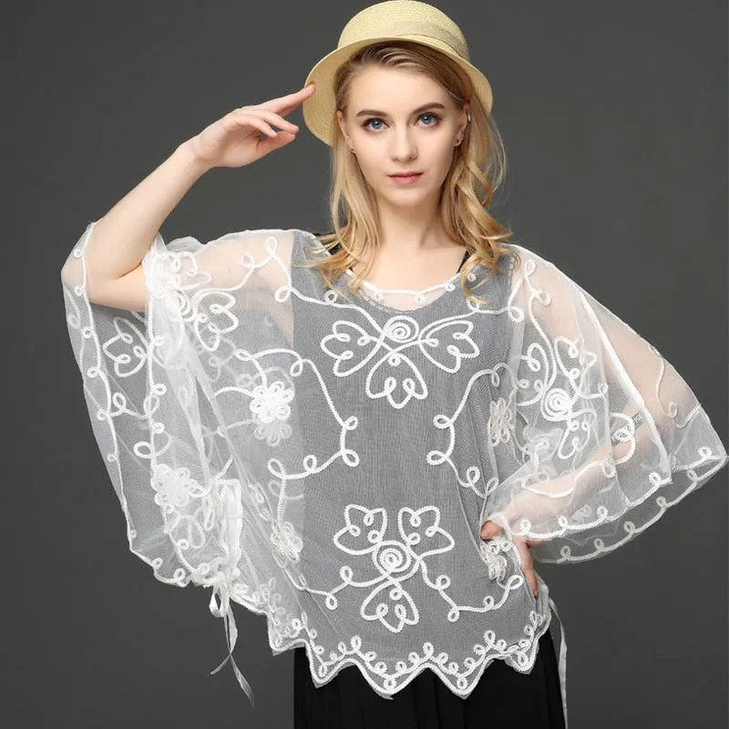 Summer Casual Loose Oversized Thin Mesh Embroidery Floral Batwing Cloak Cape See-Through Lace Poncho Jacket Feminino