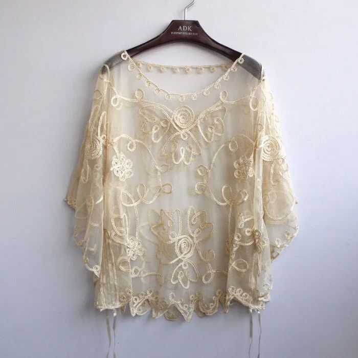 Summer Casual Loose Oversized Thin Mesh Embroidery Floral Batwing Cloak Cape See-Through Lace Poncho Jacket Feminino