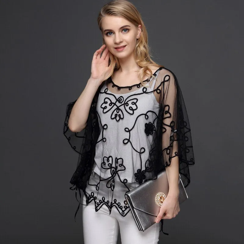 Summer Casual Loose Oversized Thin Mesh Embroidery Floral Batwing Cloak Cape See-Through Lace Poncho Jacket Feminino